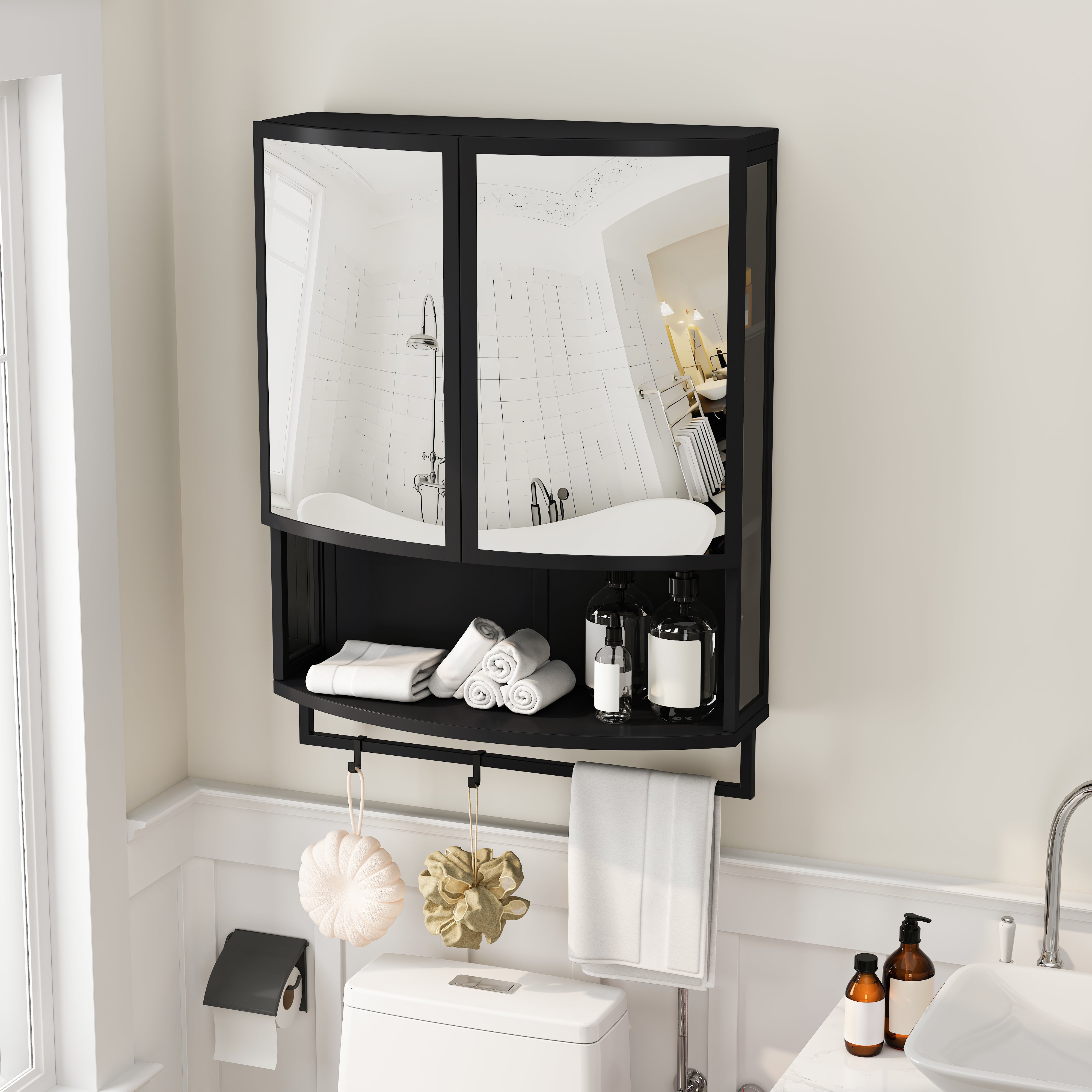 Modern Wardrobe 60CM Arched Glass Double-Door Storage Shelf Black