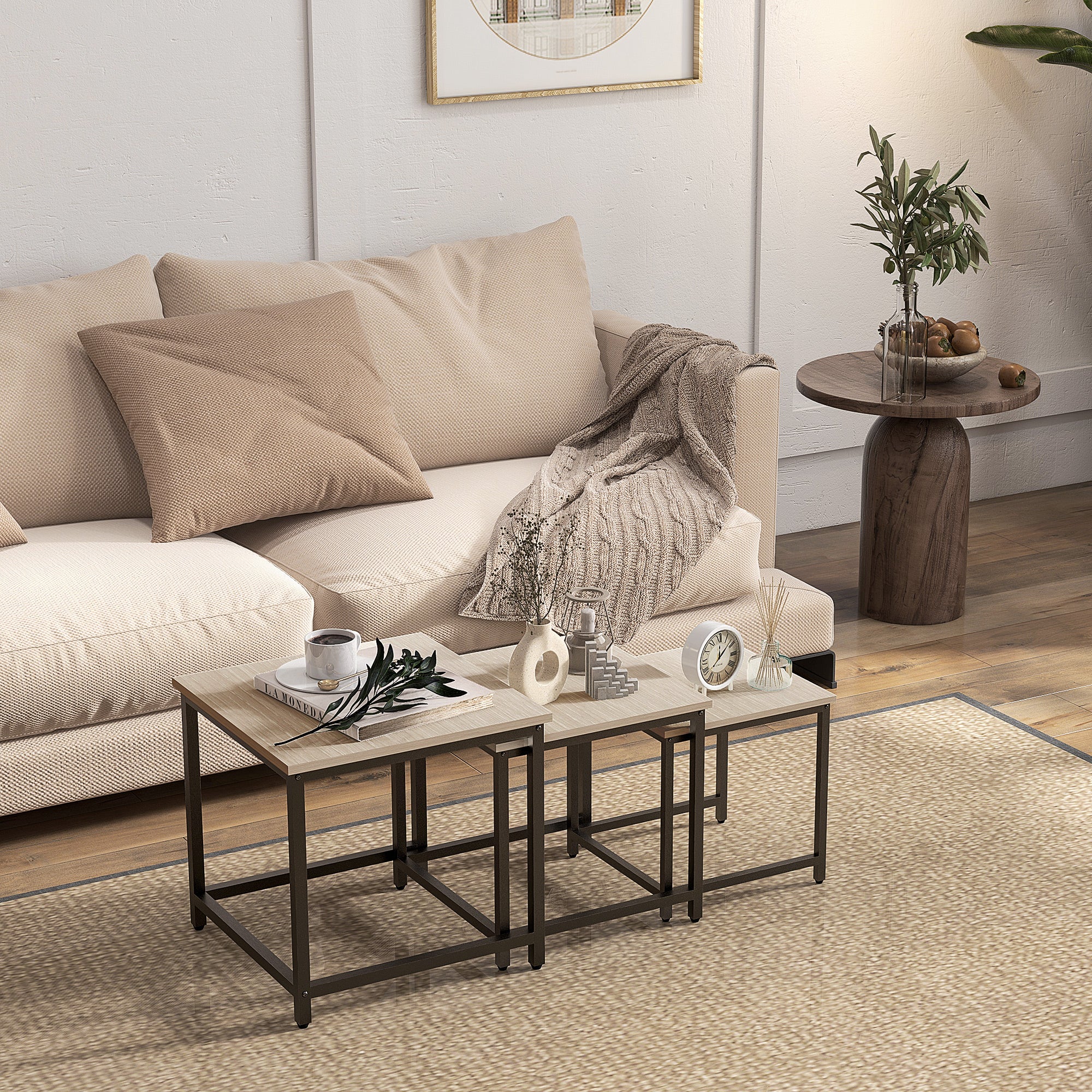 Set of 3 Coffee Tables Nesting Steel Frame Wood Look, Natural