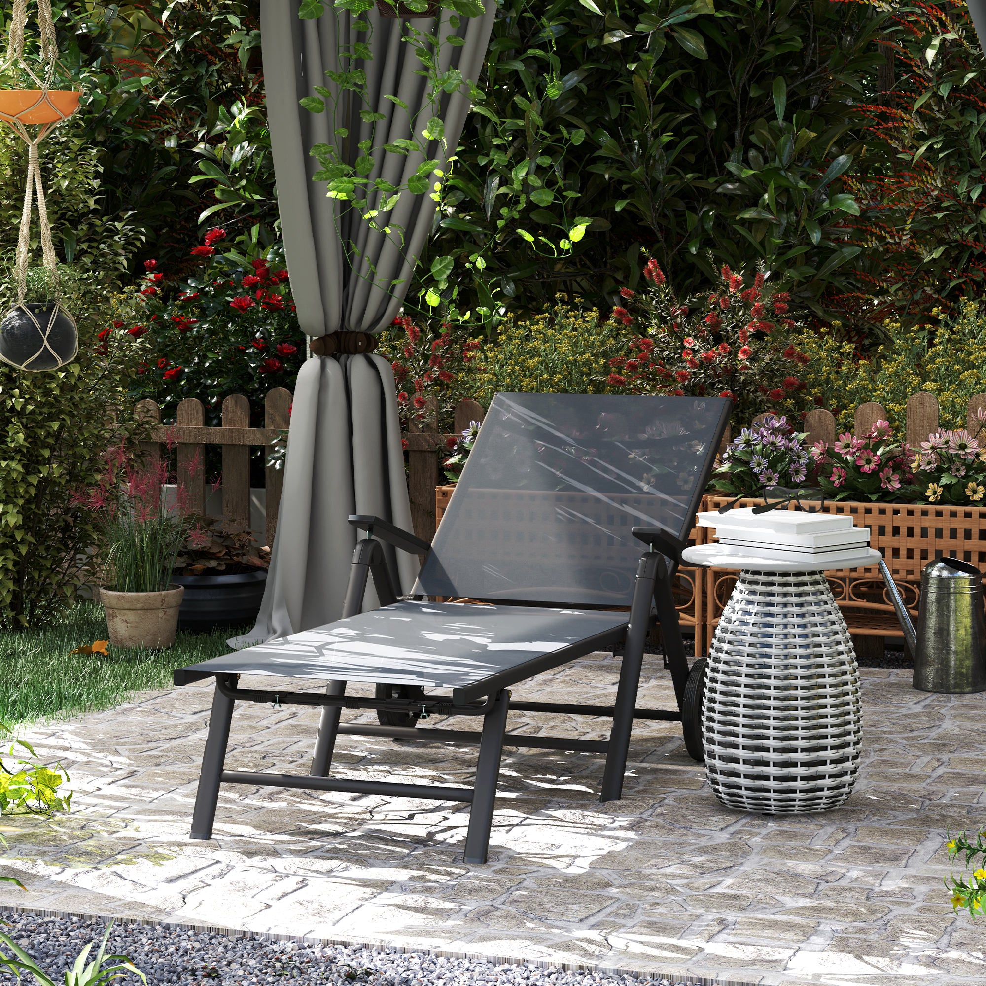 Folding Sun Lounger, 5-Position Adjustable Reclining with Wheels, Metal Frame Grey