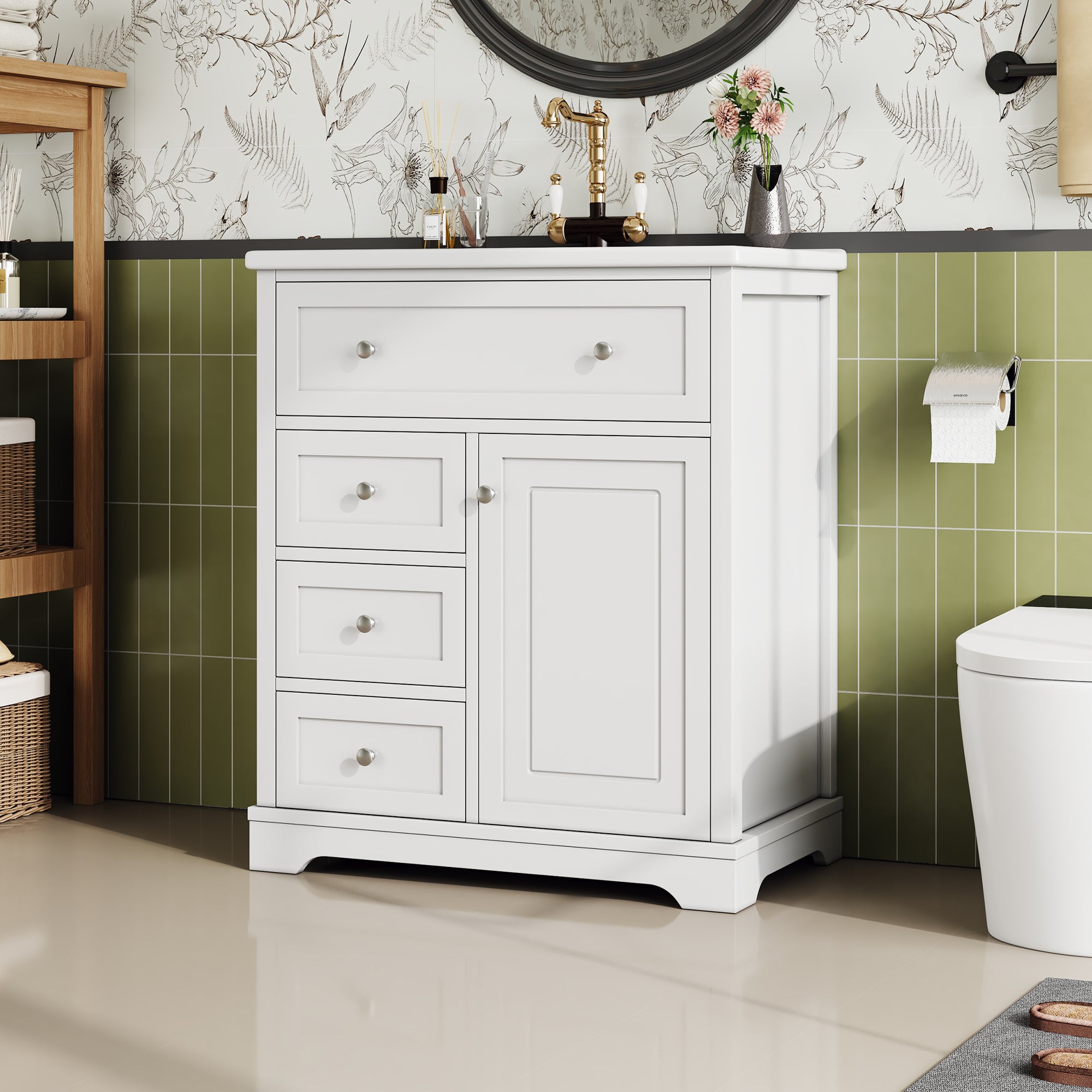 Bathroom Vanity Unit with Ceramic Sink and Drop-down Drawer, White