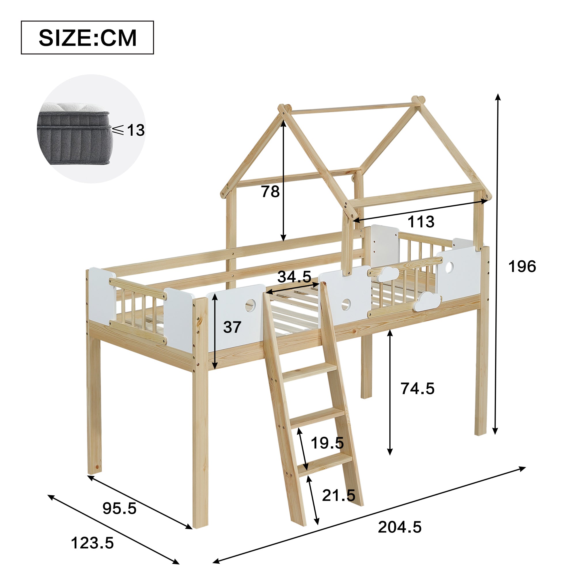 Loft Bed, Children's with Fall Protection & Rails, Roof Design, 3-Step Ladder, Pine+MDF+Plywood, White+Natural