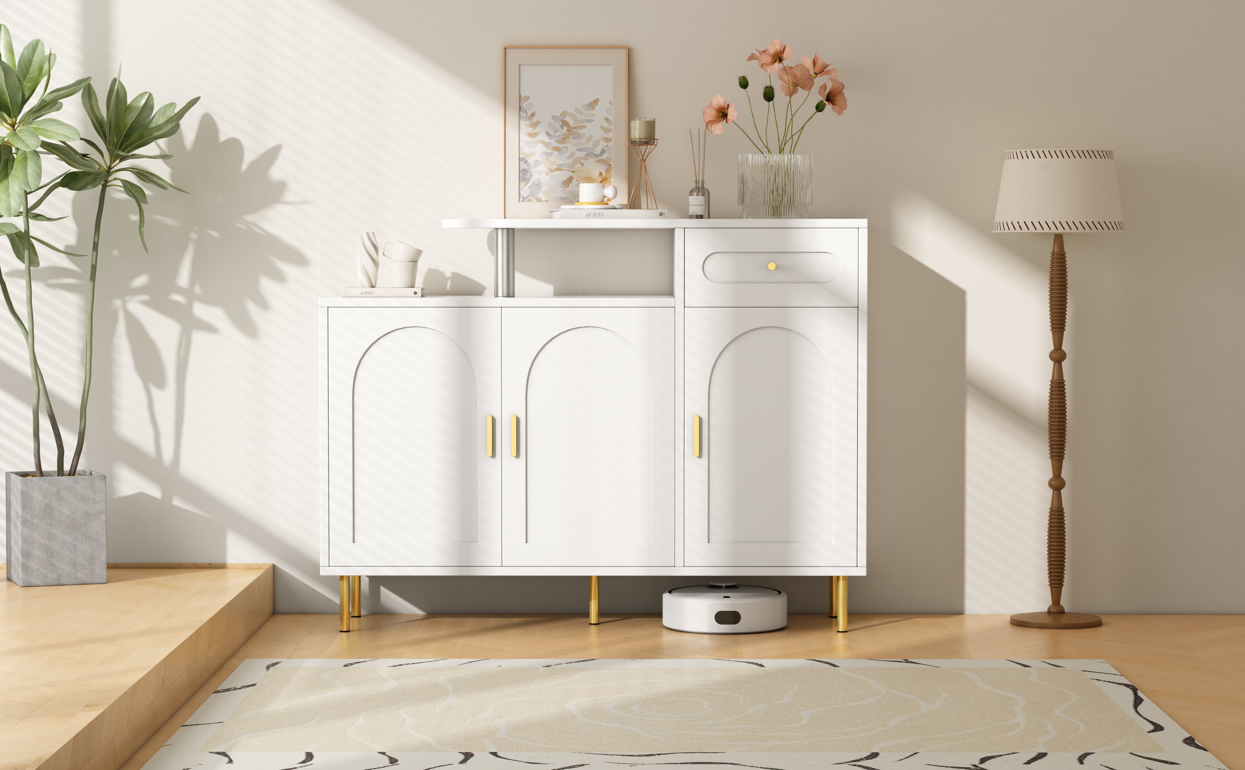 Chest of Drawers with Metal Handles, 1 Drawer, 3 Doors, on Metal Feet, White