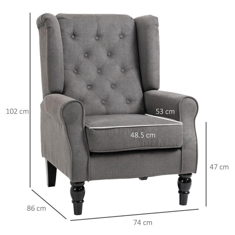 Retro Accent Chair Wingback Armchair Wood Frame Button Tufted Linen, Dark Grey