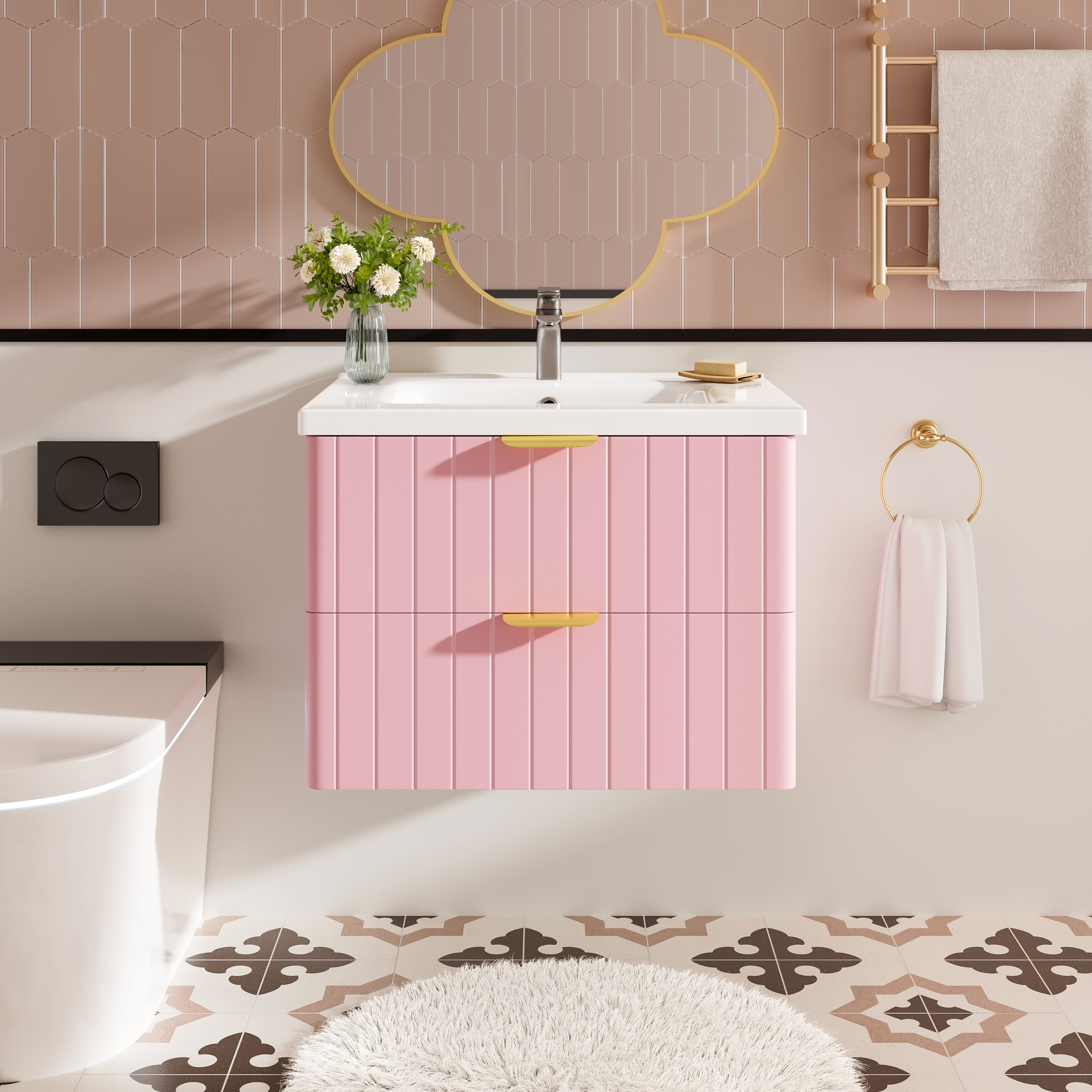 Wall-Hung Vanity Unit with Ceramic Sink and Double Storage, Pink
