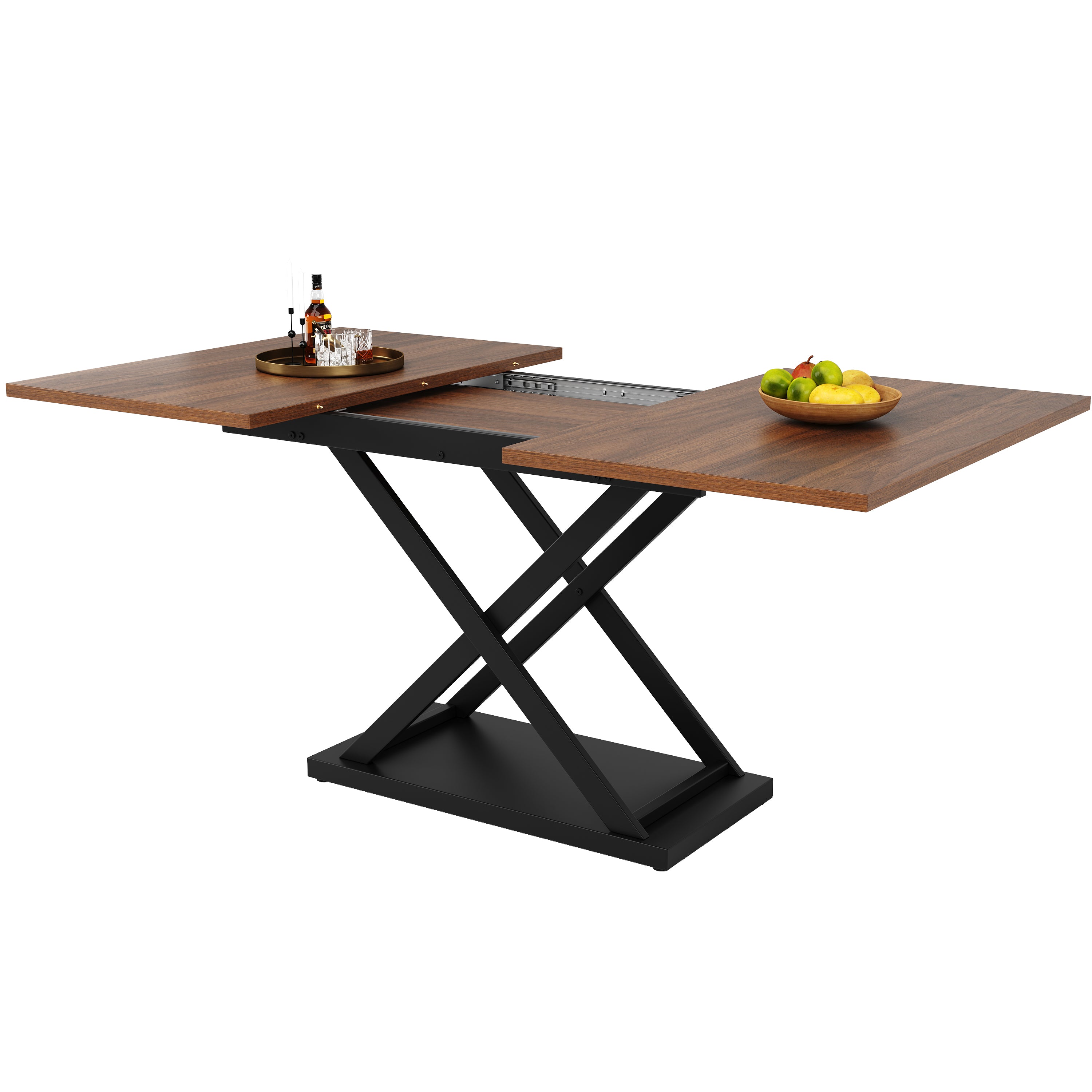 Telescopic Dining Table, Extendable Space-Saving with Crossed Iron Legs, Walnut
