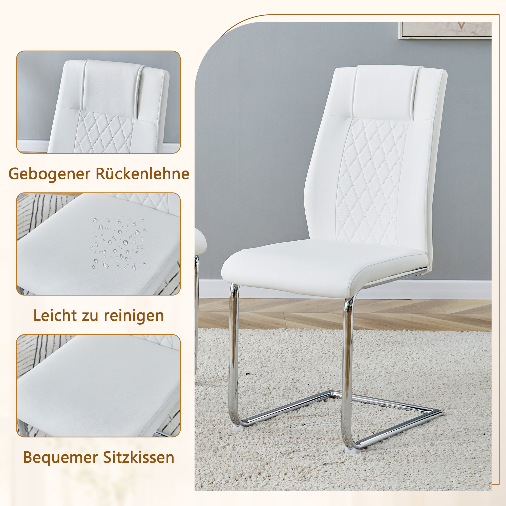 Dining Table Set, Modern Minimalist Glass Table & 4 Chairs, White PU