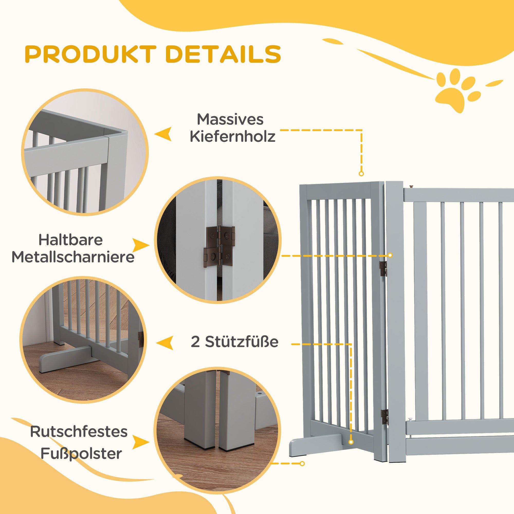 Dog Safety Gate 4-Piece Foldable Door Freestanding Wood Light Gray