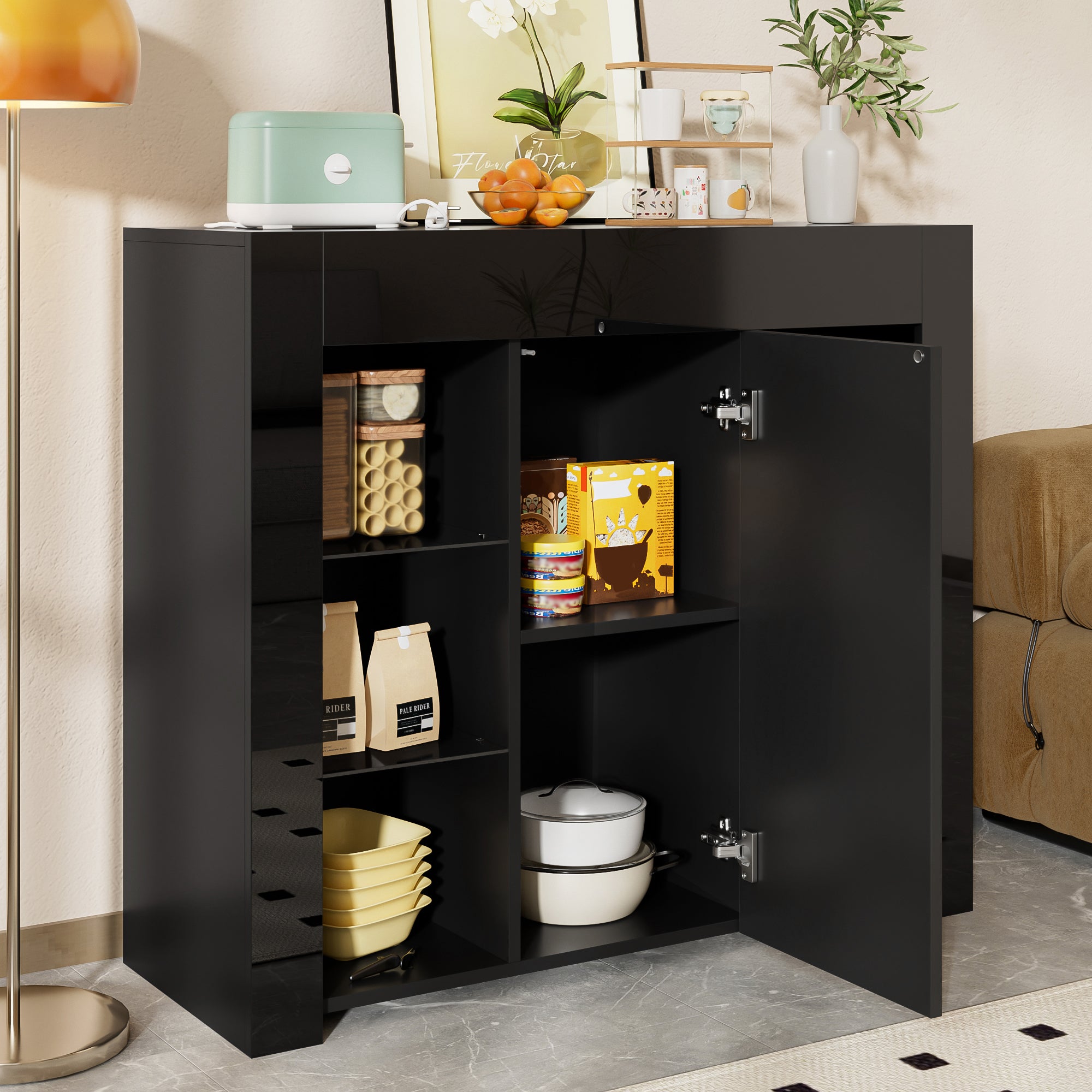 Buffet Cabinet, Compact Storage with Glass Shelves and Door, Black High-Gloss