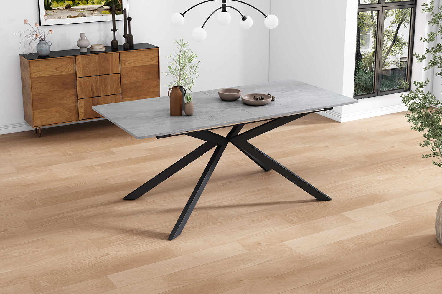 Extendable Dining Table Automatic Rectangular Cross Leg L150/180cm - Cement Pattern Black/Grey