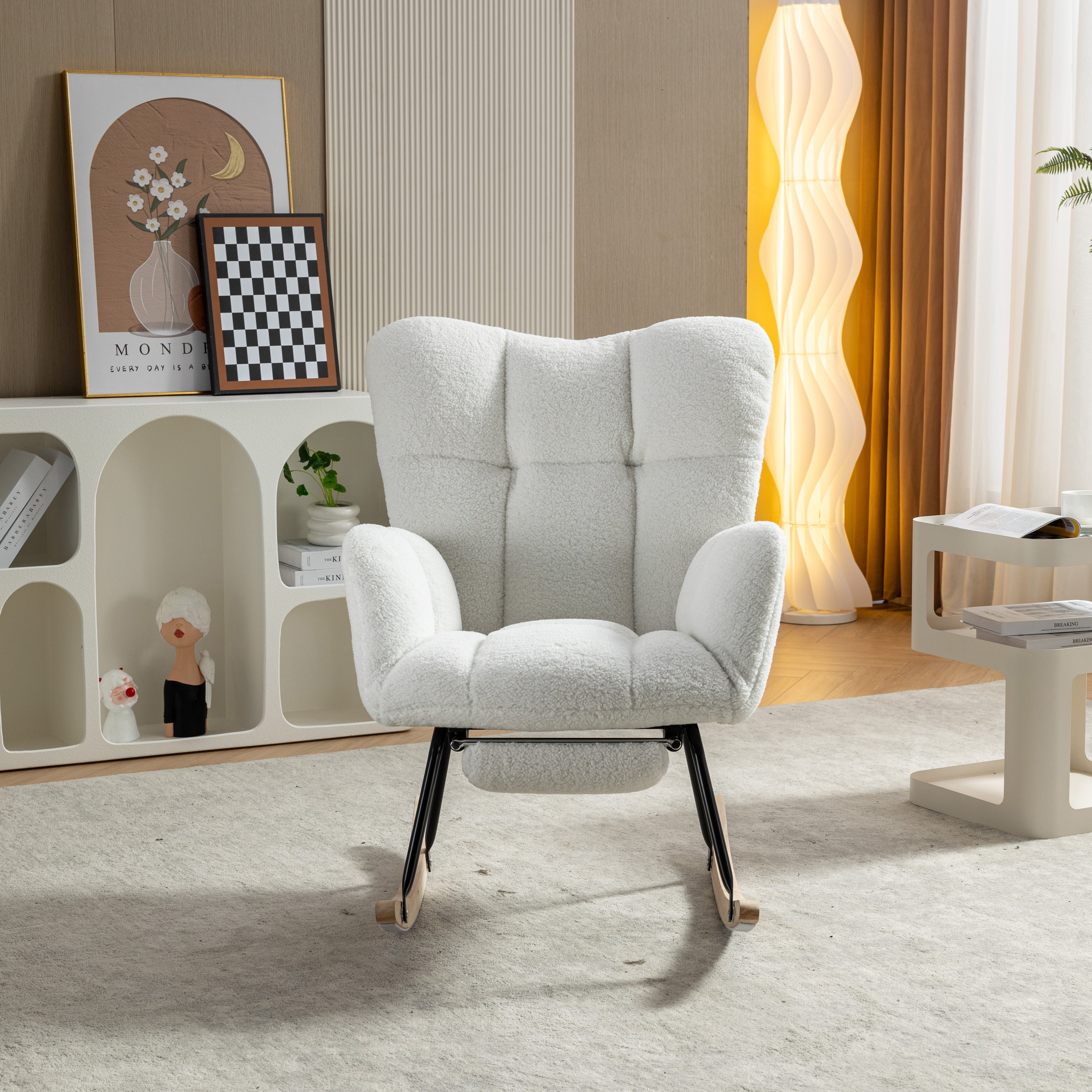 009B Rocking Chair, Upholstered with Retractable Footrest, White Teddy Fabric