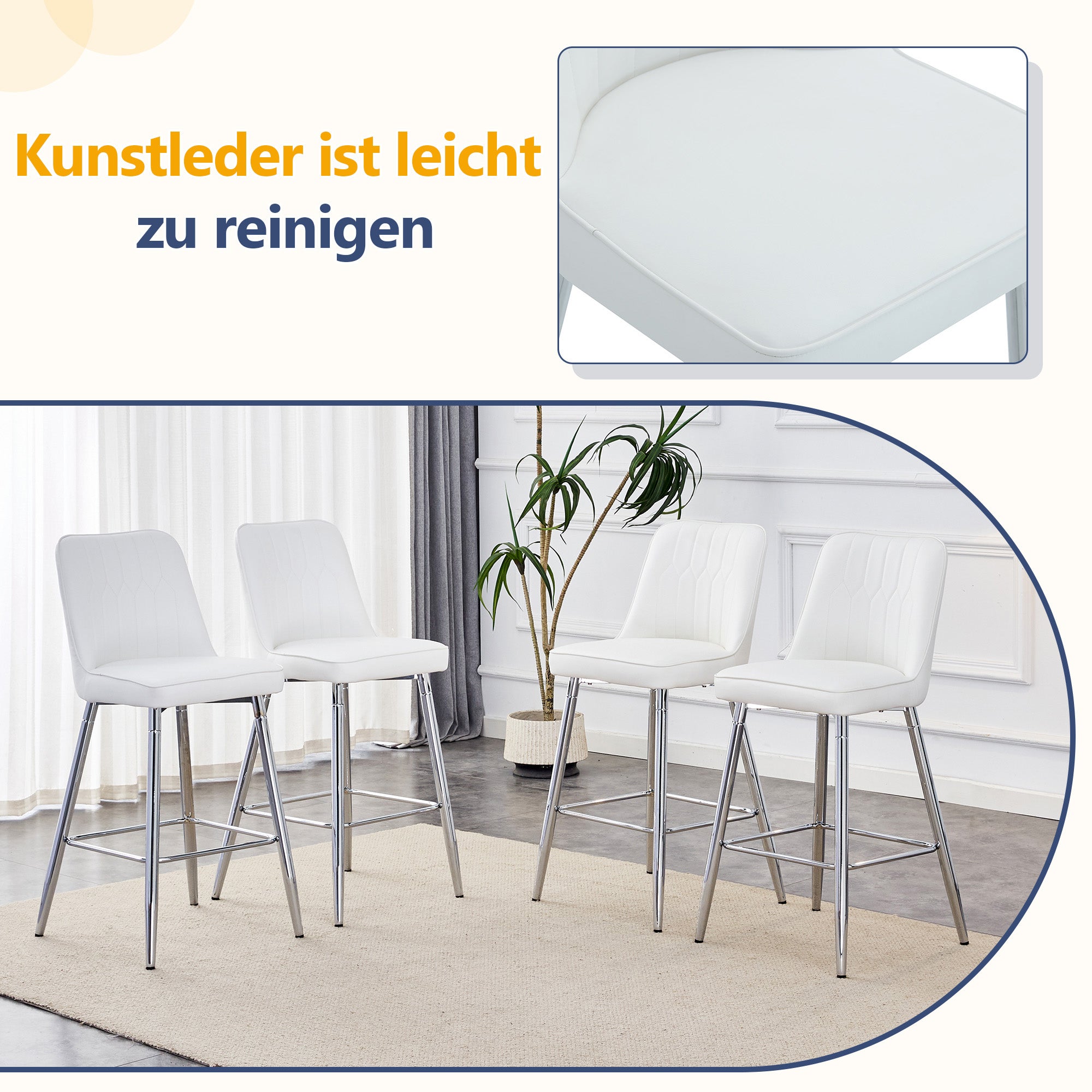 Set of 2 Bar Stools, 100cm High with Footrest, White PU Leather