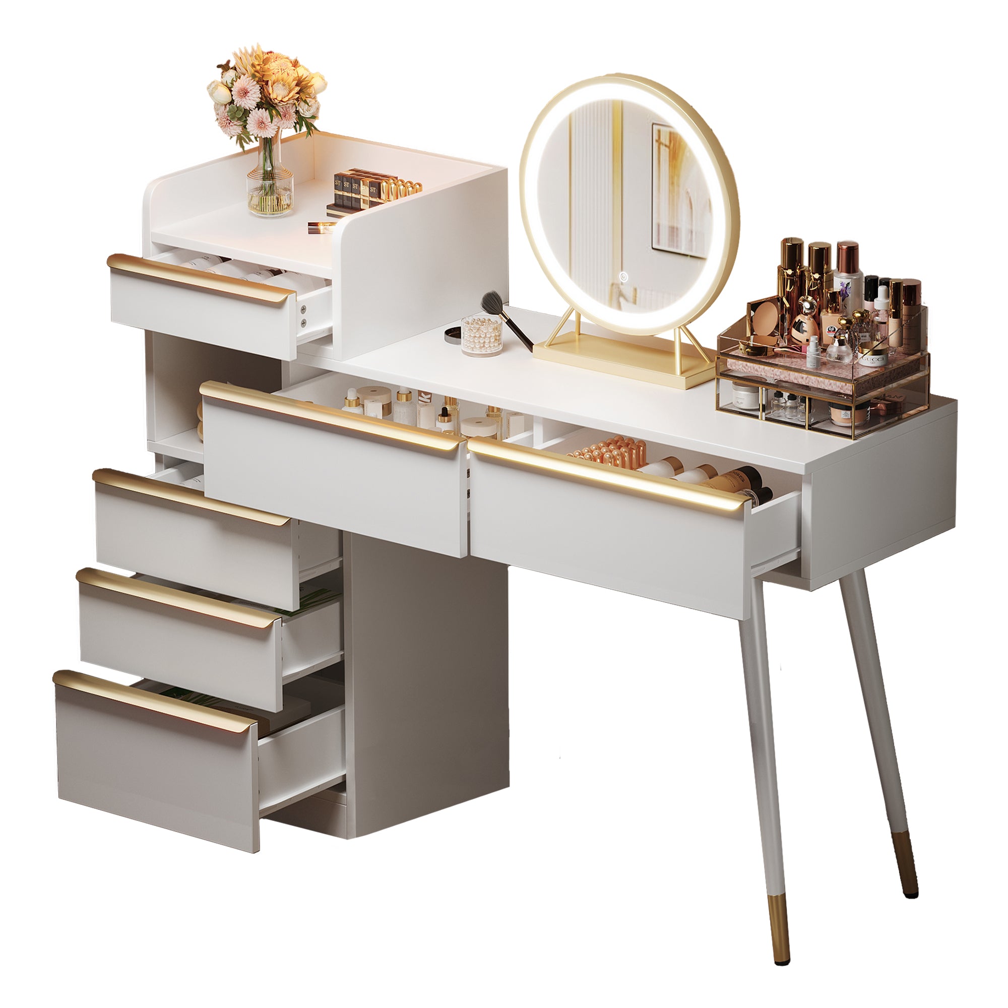 Dressing table with extendable tabletop, 6 drawers, gold handles, LED mirror, dimmable light, white