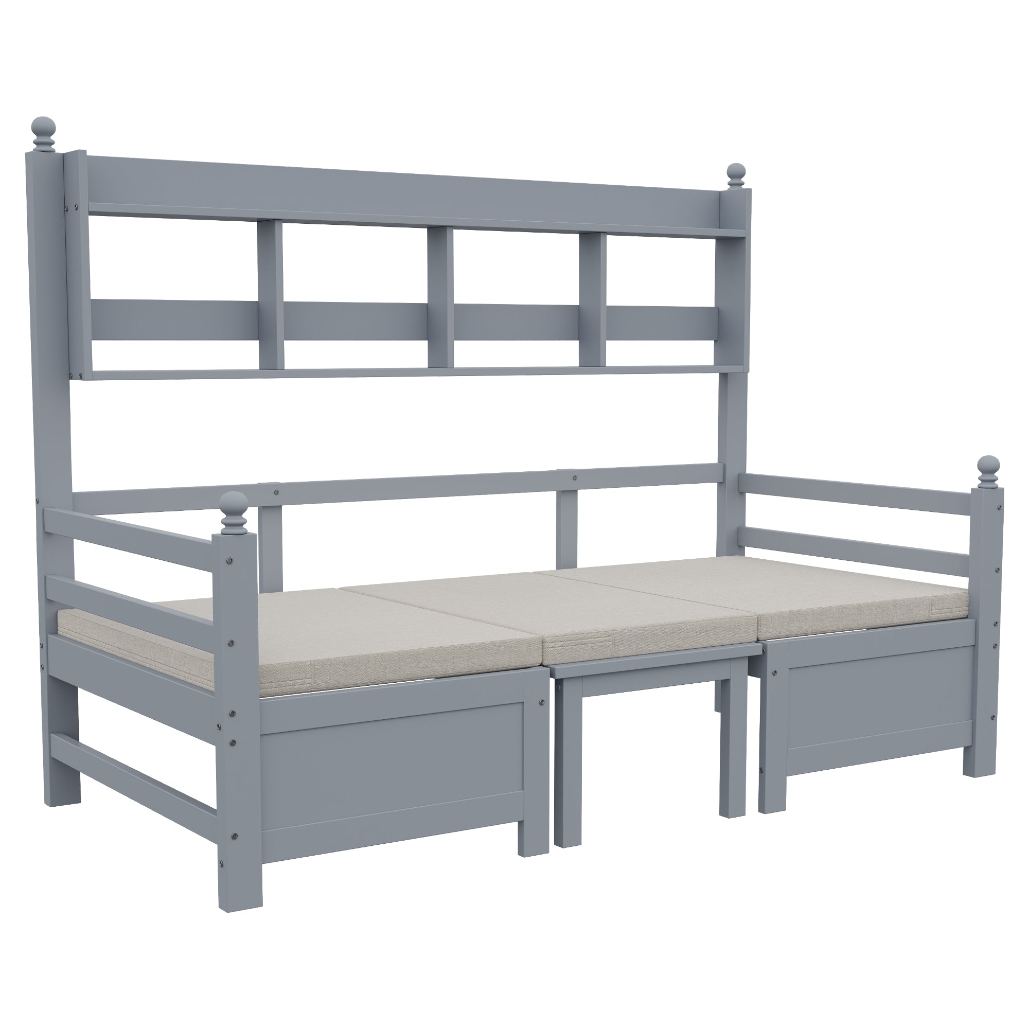 Sofa Bed, Multifunctional 2-in-1 Bed & Desk with Bookshelf, Solid Wood Gray