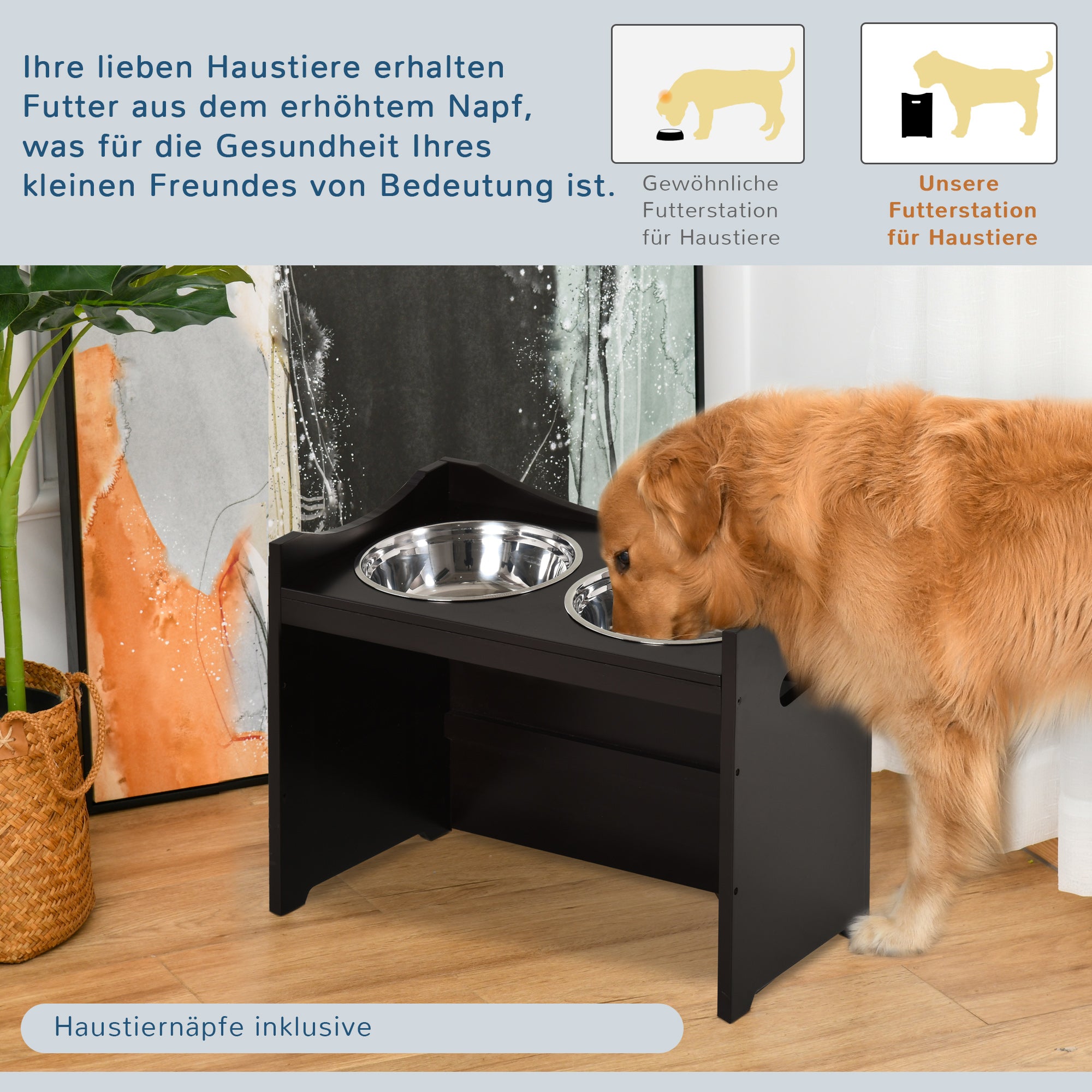 Dog Bowl Feeding Station, Height-Adjustable, Stainless Steel, Dark Brown MDF