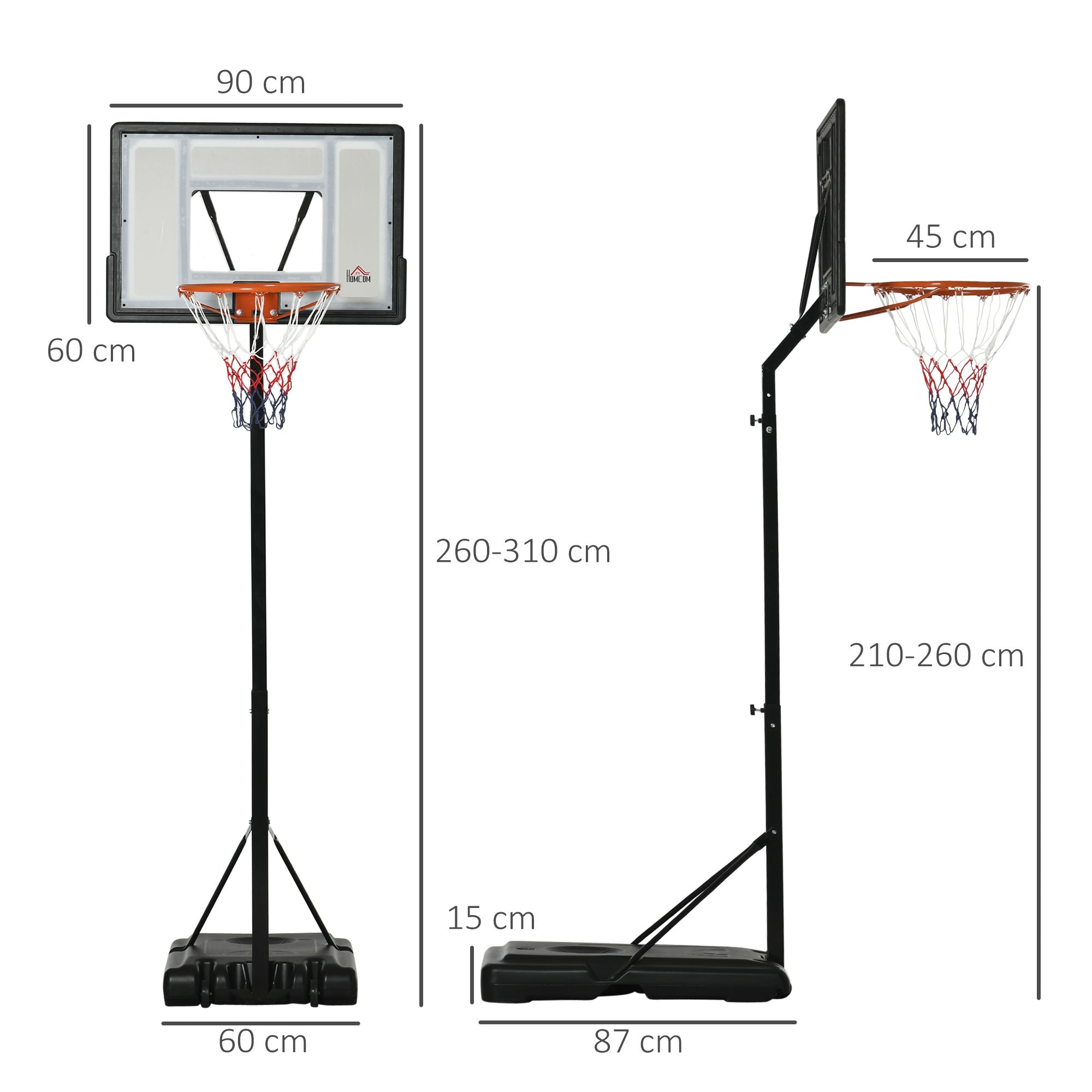 Basketball Hoop, Height Adjustable, Rolling Function, Stable Stand, Black