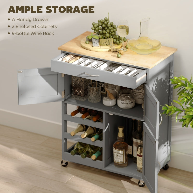Modern Kitchen Trolley Rolling Island Storage Cart Drawer Wine Rack Rubberwood Grey