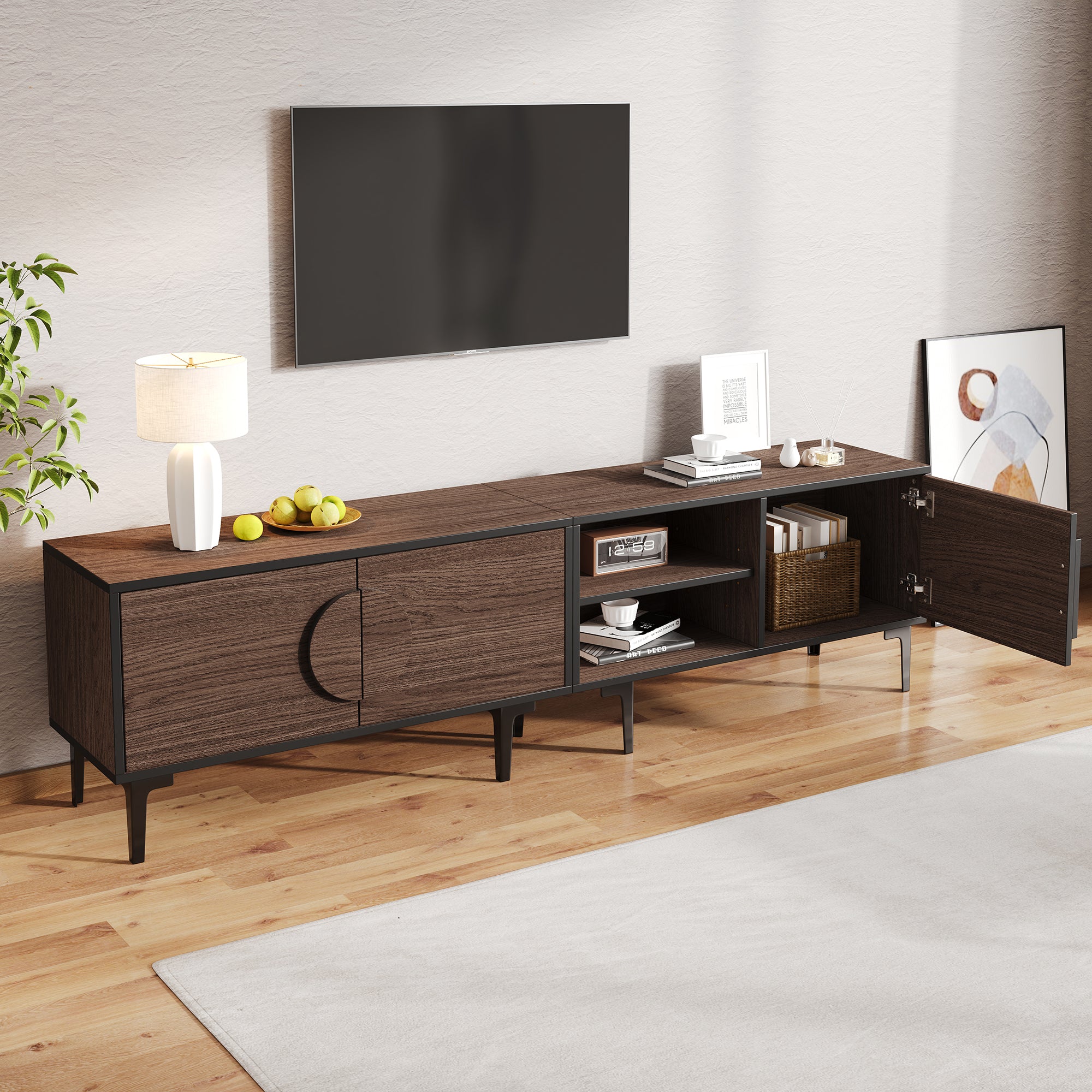 Lowboard TV Cabinet 180x35x49cm, 2 Cabinets, Open Shelves, 80-inch TV, Dark Walnut