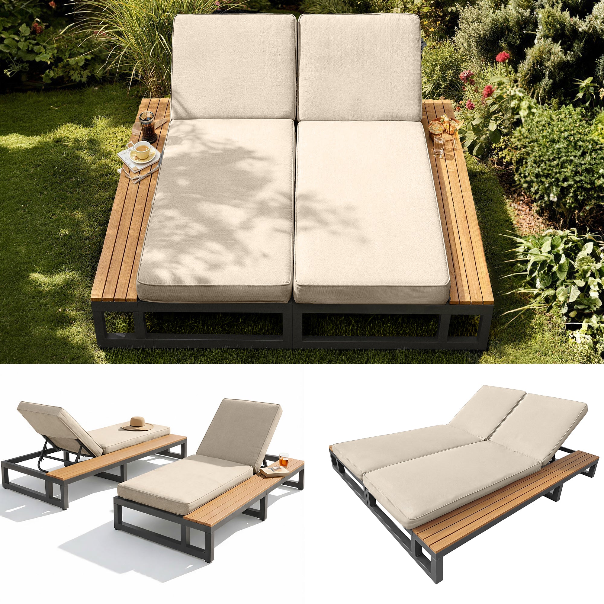 Outdoor Patio Daybed with Adjustable Backrest and Shelves, Waterproof Double Lounge Bed, Beige
