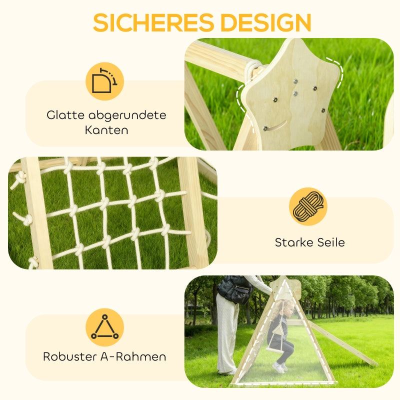 5-in-1 Indoor Climbing Frame with Slide, Swing and Basketball Hoop, Natural Wood