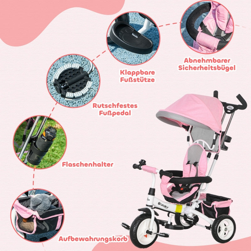 6-in-1 children's tricycle with push bar, canopy, belt, storage basket, for ages 1-5, pink