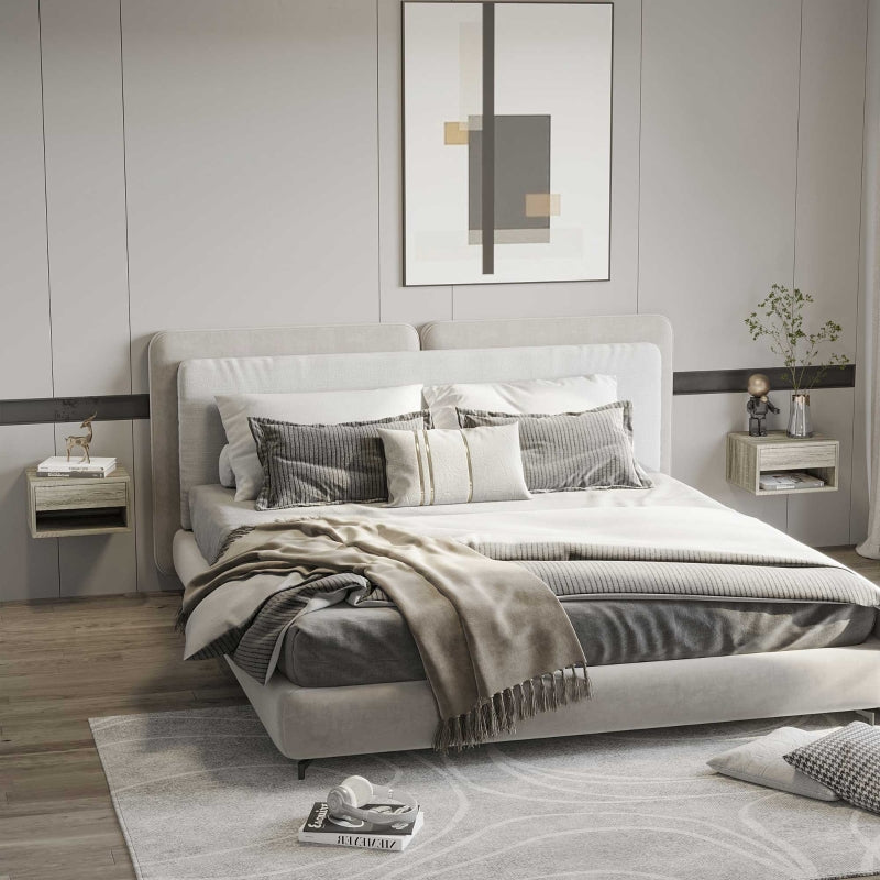 Set of Two Floating Bedside Tables Wall Mounted Nightstands with Drawer and Shelf, Brown Wood-Effect