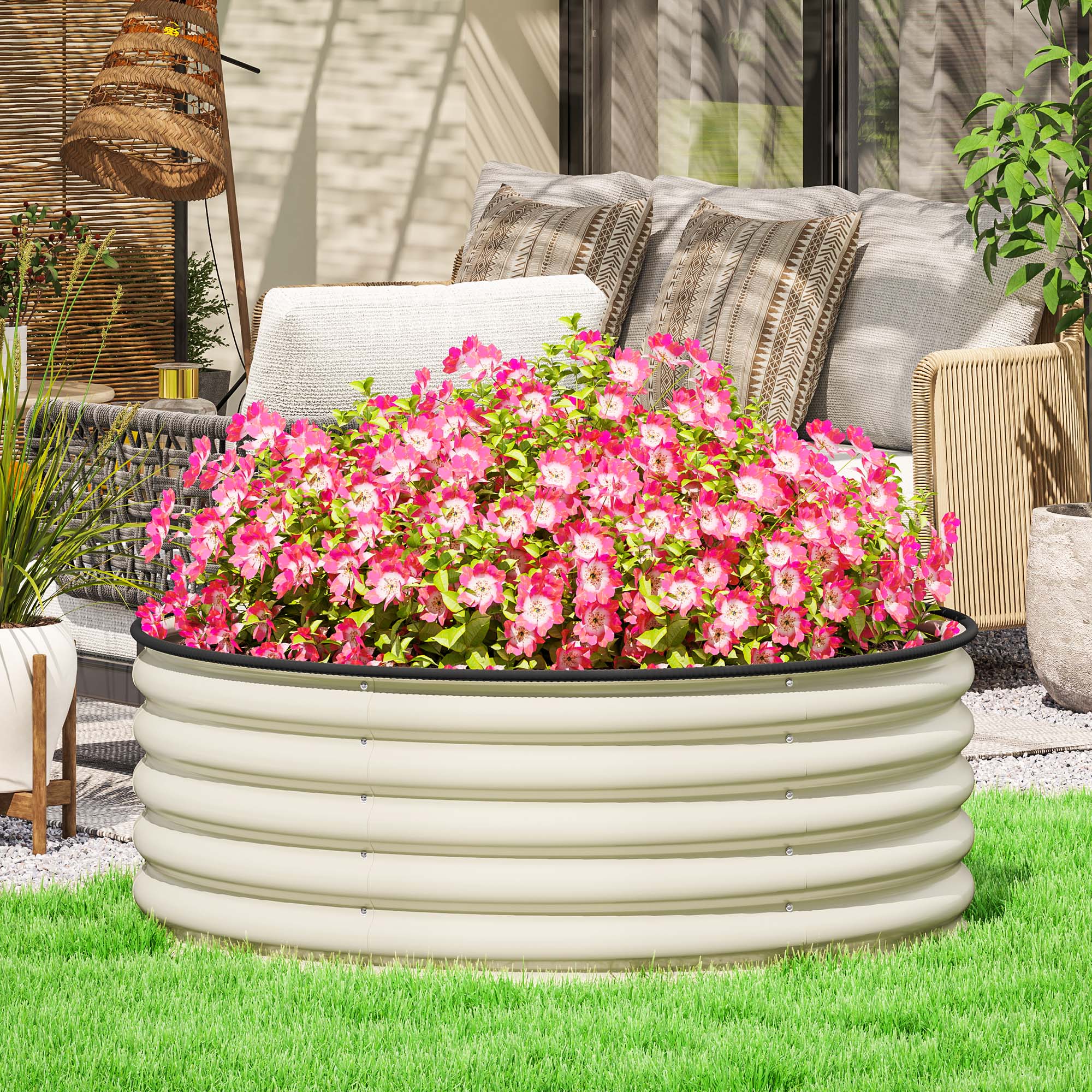 Galvanised Raised Garden Bed with Safety Edging, Outdoor Planter Box, Cream White