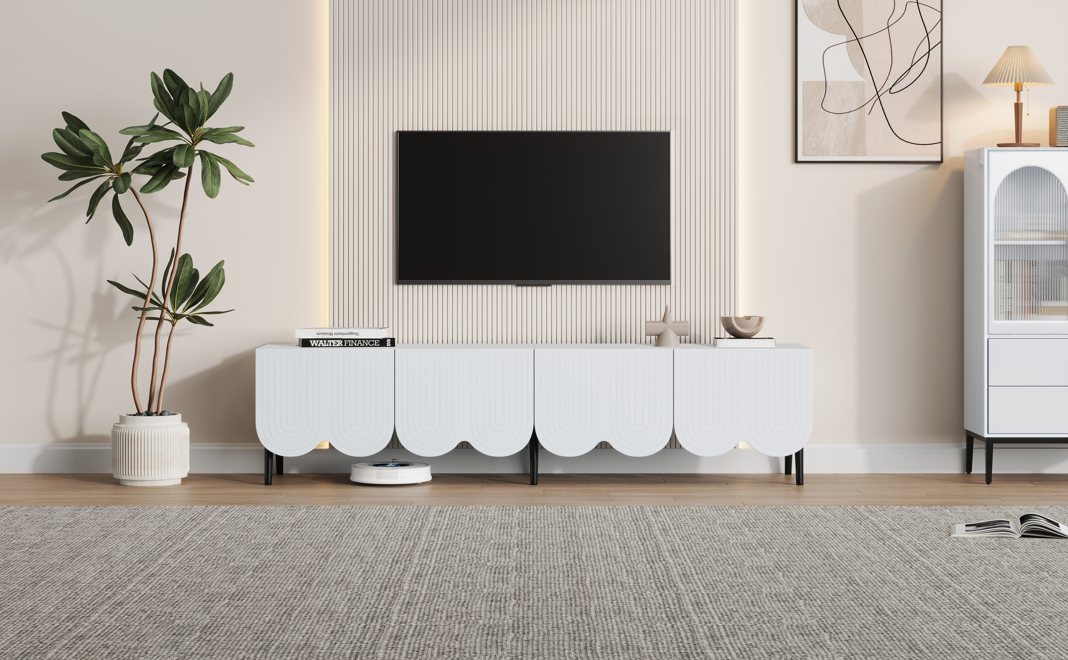 Modern TV cabinet for TVs up to 80 inches with two doors and cable management in white