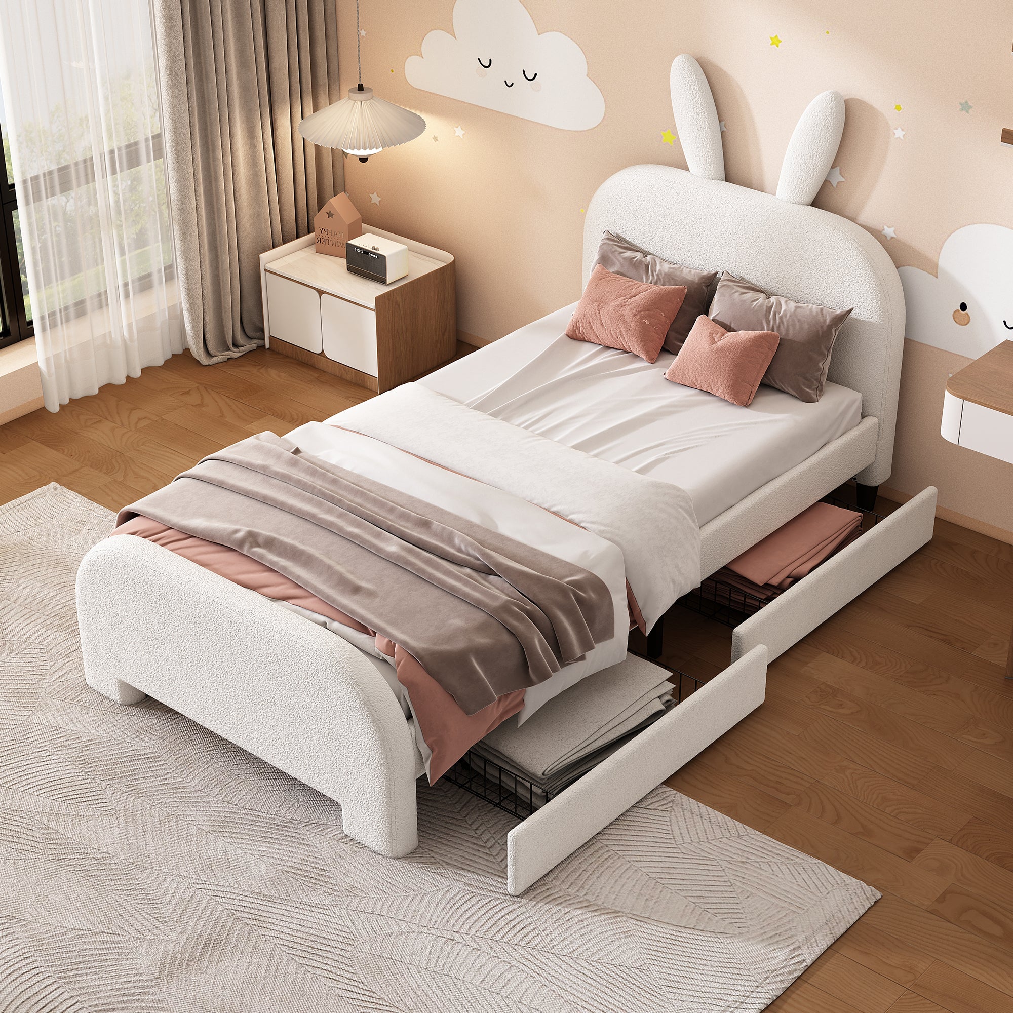 Flat Bed 90x200cm Padded Rabbit Shape 2 Drawers - White