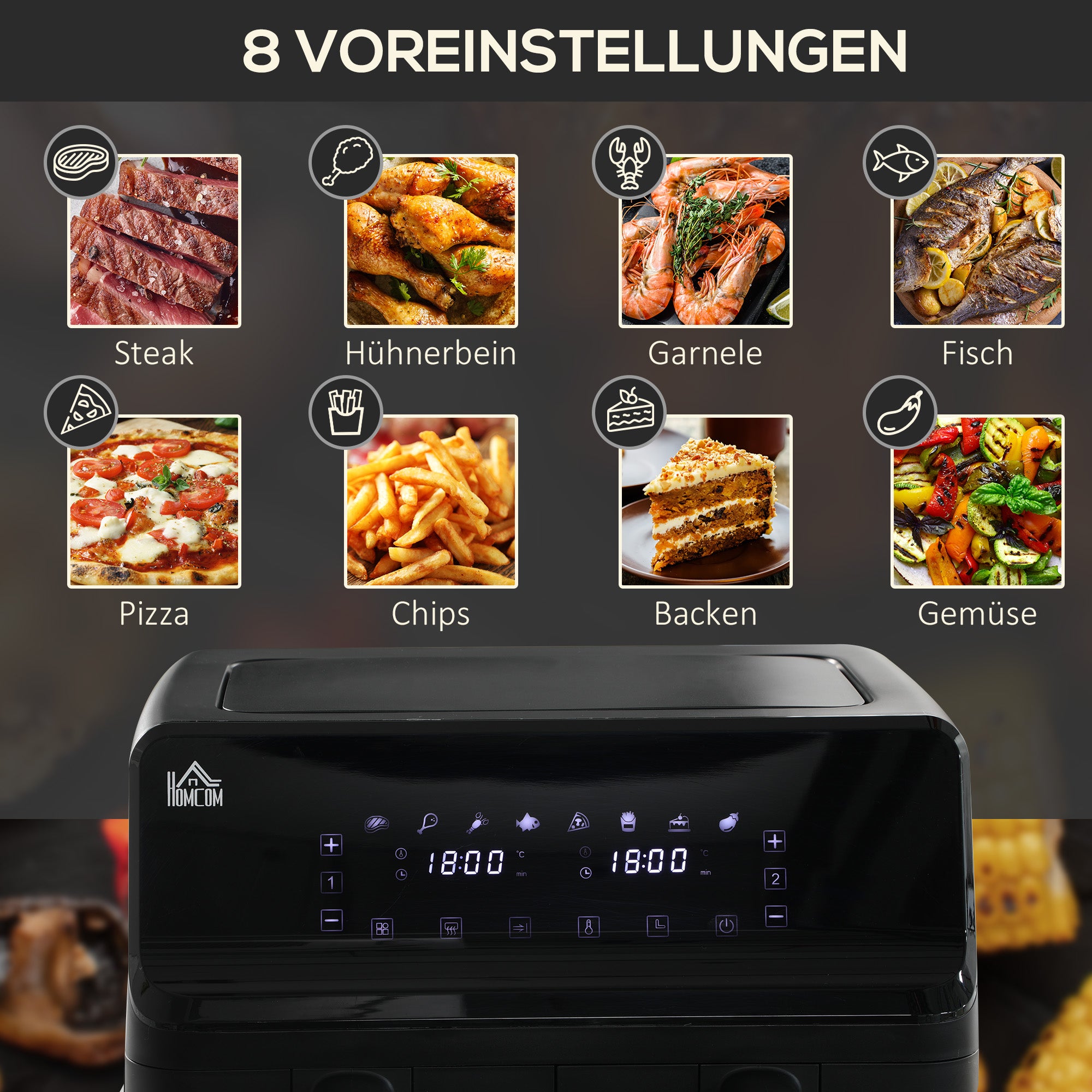 Air Fryer, Dual 4-Liter Baskets, 8 Programs, Black