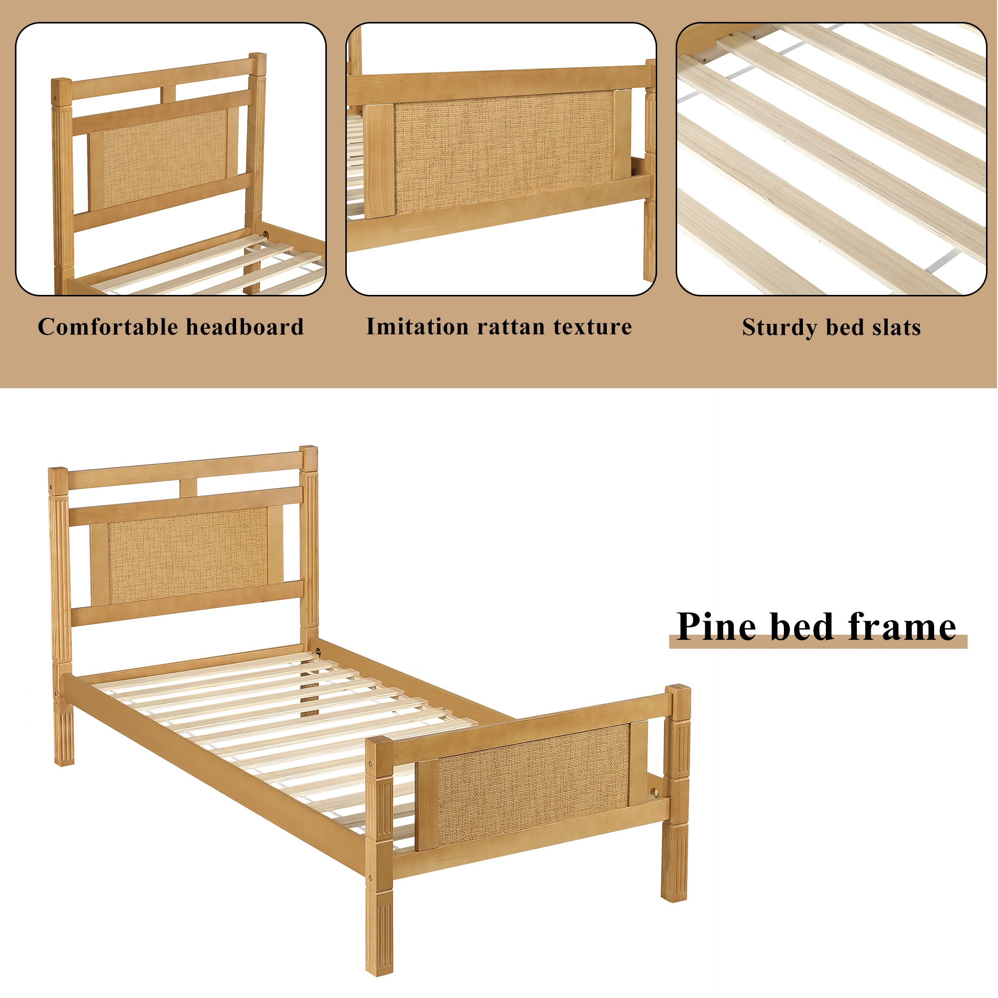 Wooden Bed, Single 90x190cm, Rattan Paper MDF/Pine, Wood Colour