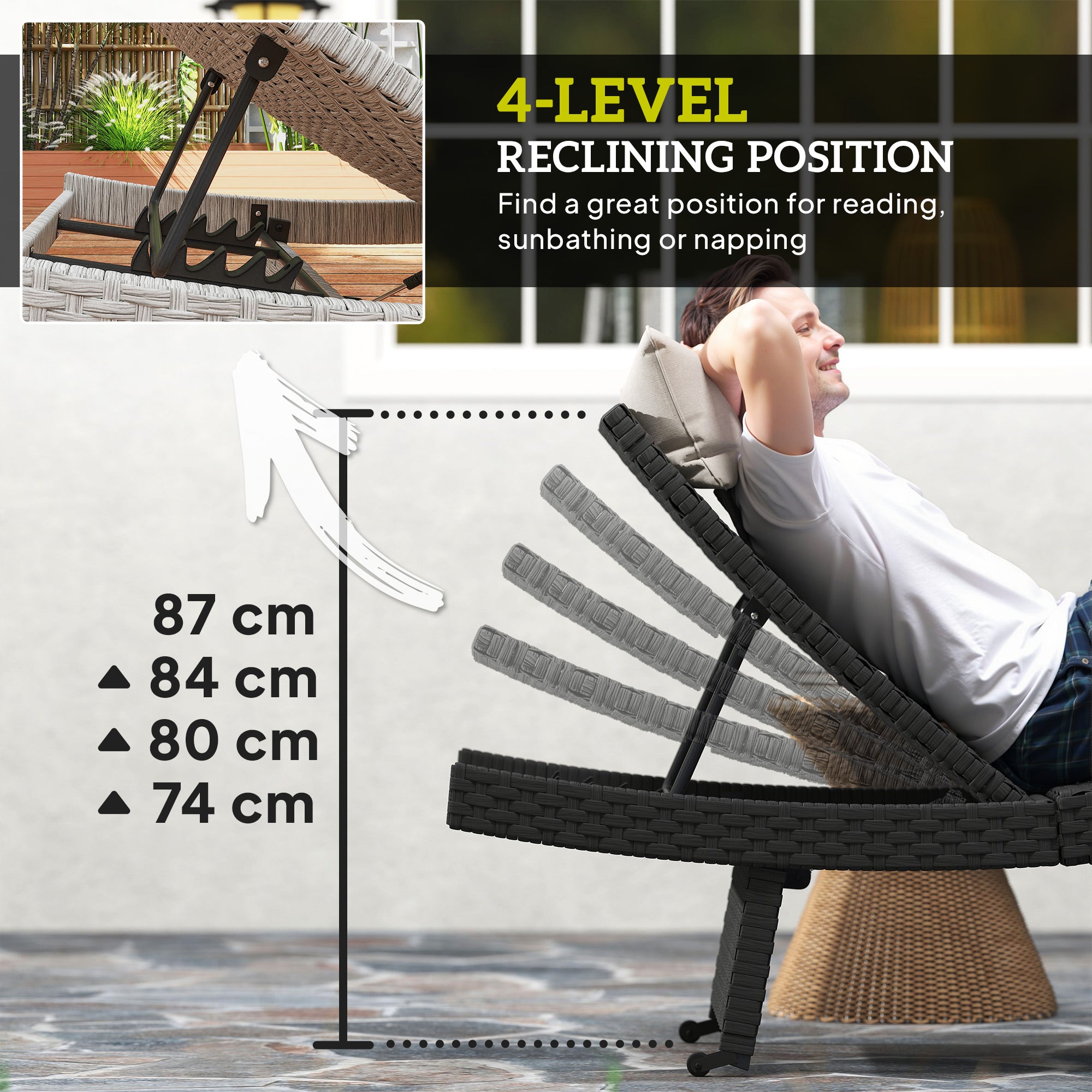 Outdoor PE Rattan Sun Lounger, Folding Recliner with 4-Level Adjustable Backrest & Wheels, Black