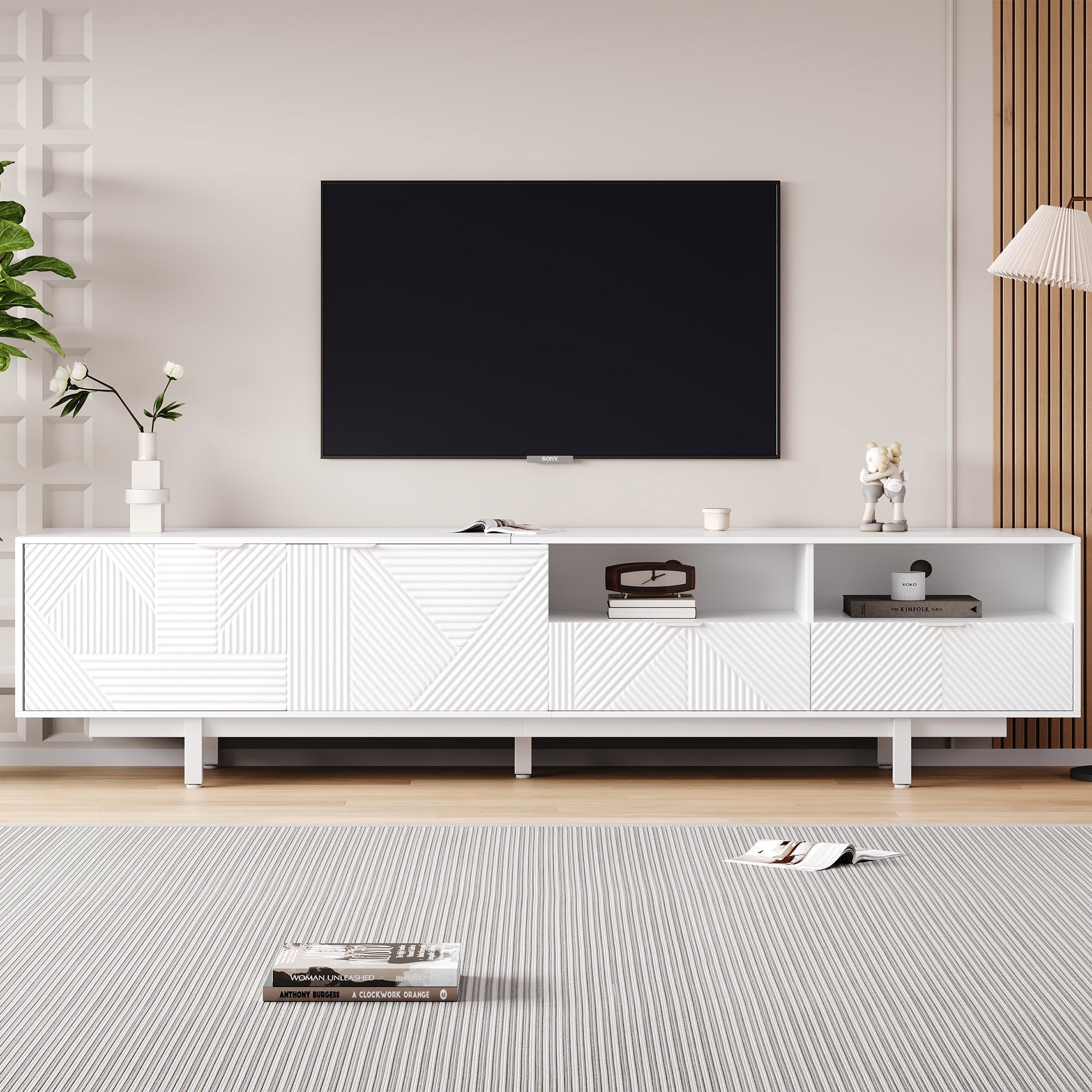 TV Cabinet, Modern Bohemian White Geometric Lines with Storage Space, for 90 inch TVs