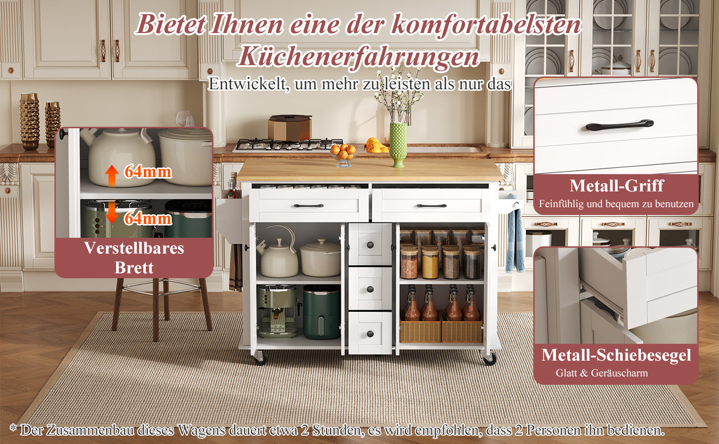 Multifunctional Kitchen Island Extendable Worktop 5 Drawers Storage Racks on Wheels