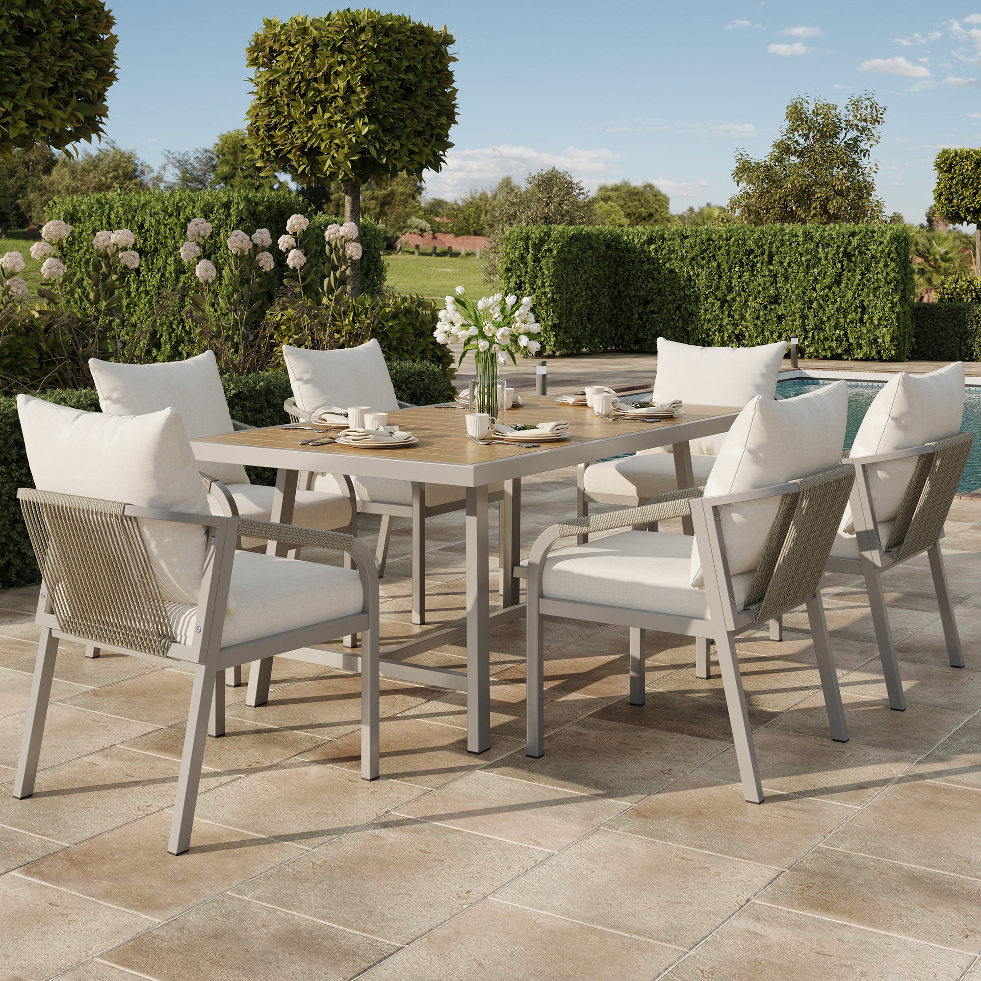 Garden Dining Set for 6 People with Plastic Wood Tabletop and Woven Rope Chairs, Khaki and Beige