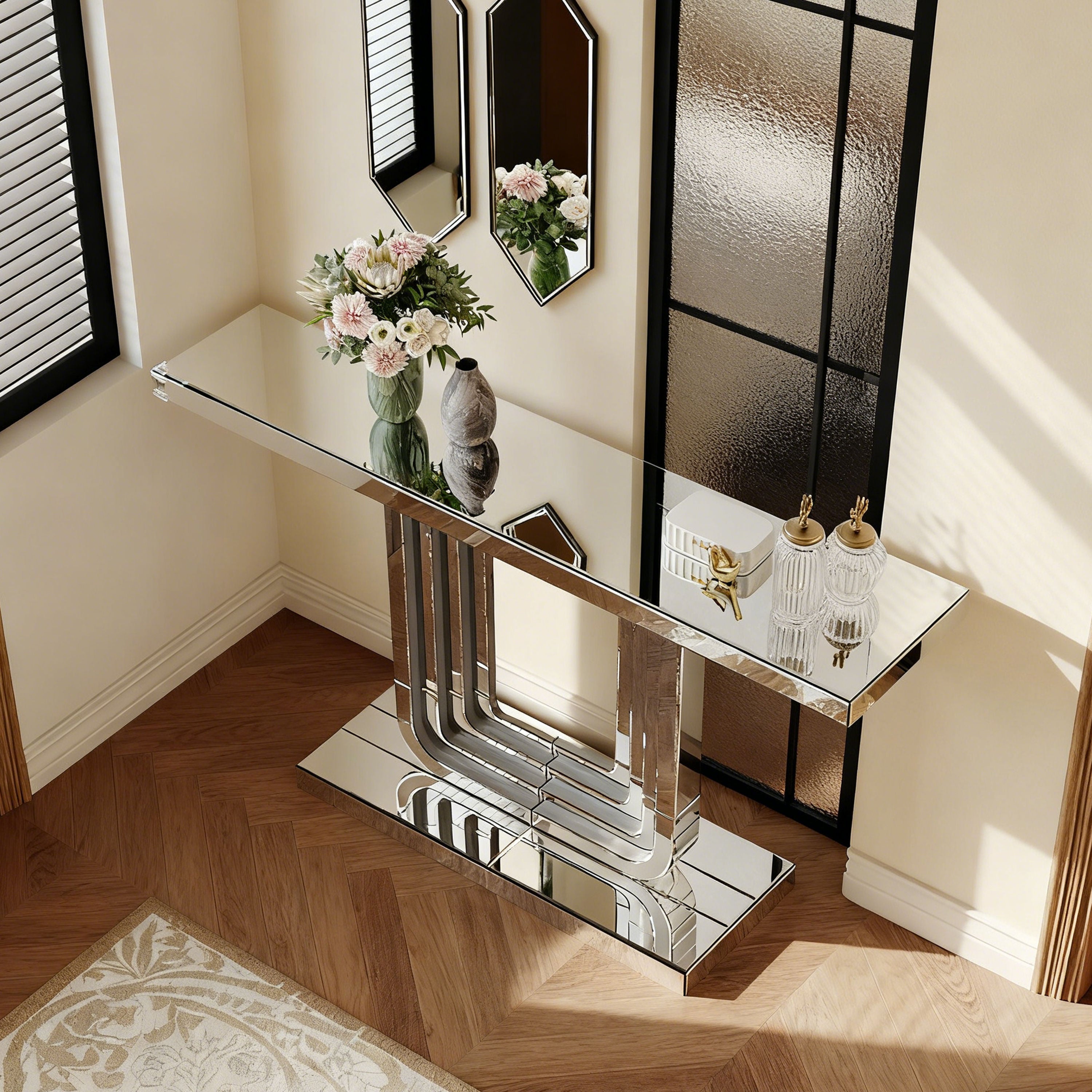 120cm Mirrored Console Table, Elegant U-Shaped Base, Silver Finish