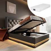 Upholstered Single Bed 90x200cm Hydraulic Storage USB-C LED Headboard, Black PU