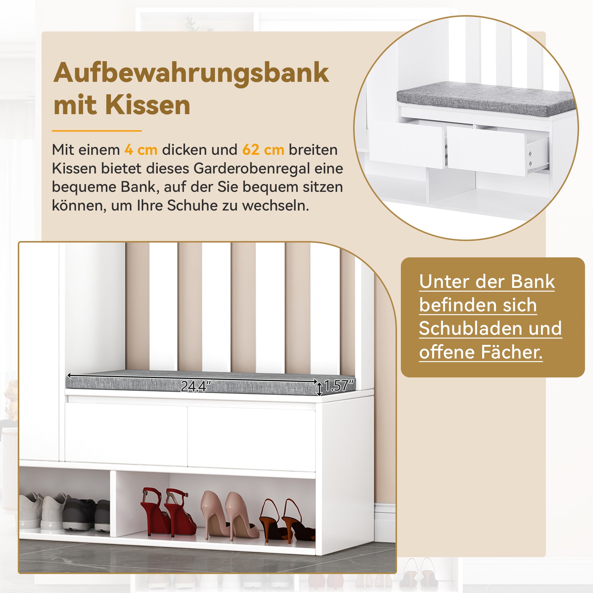 Hallway coat rack with padded storage bench and pegboard, with 4 hooks, white