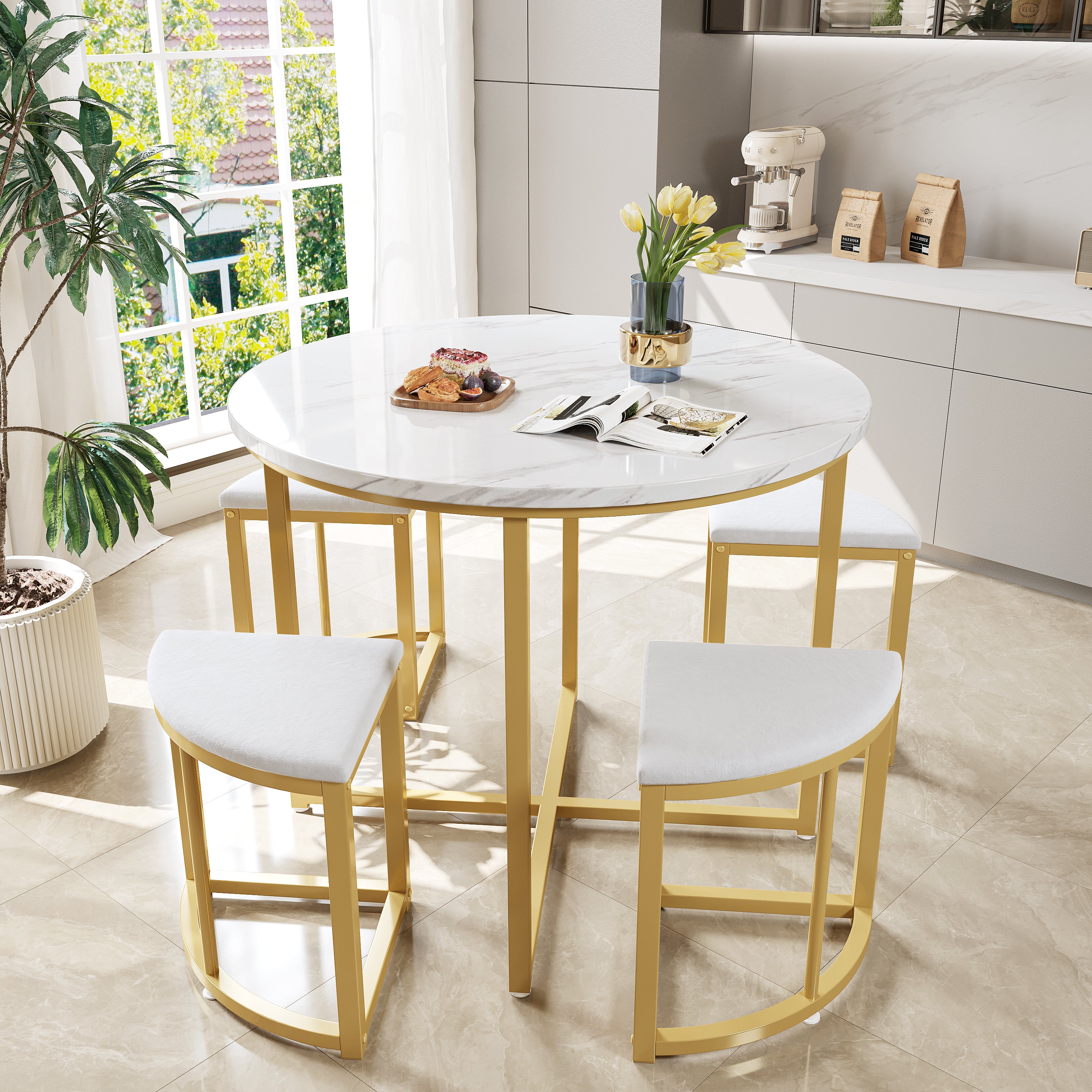 Dining Room Table Set with Four Chairs, MDF & Gold-Plated Iron, Velvet, White