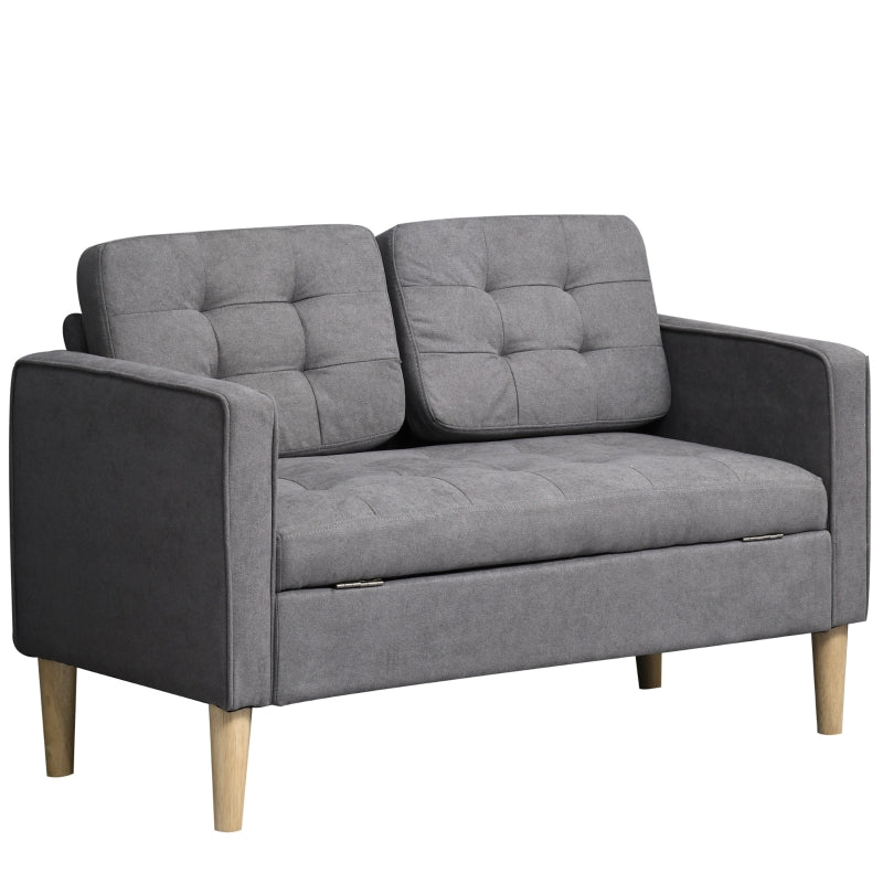 Modern 2 Seater Sofa with Hidden Storage & Wood Legs, Tufted Cotton Grey