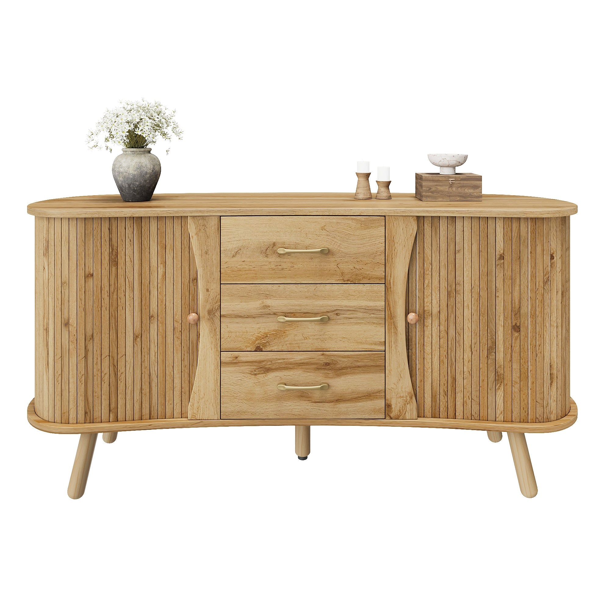 Scandinavian Pea-Shaped Sideboard with 2 Sliding Doors and 3 Drawers, Wood Look MDF