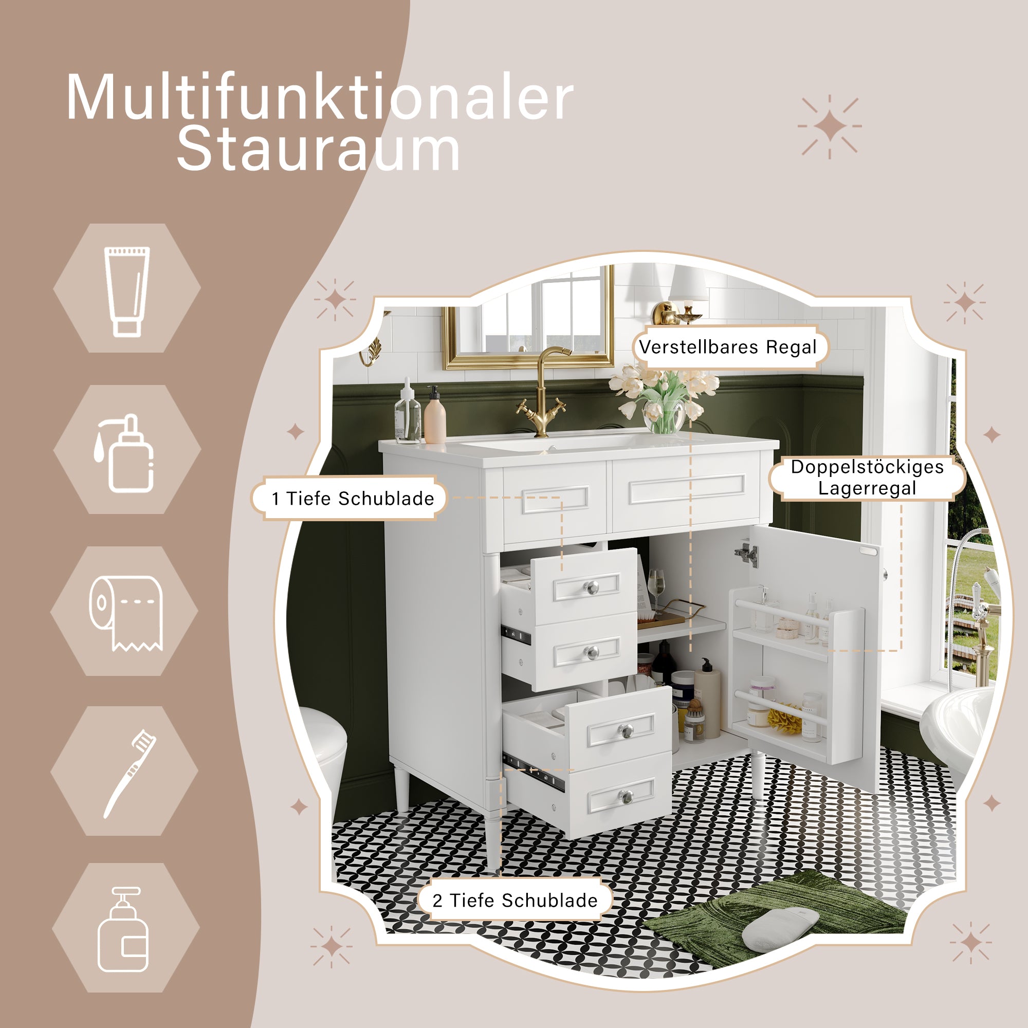 Bathroom Vanity Unit with Sink and 2 Storage Drawers, White