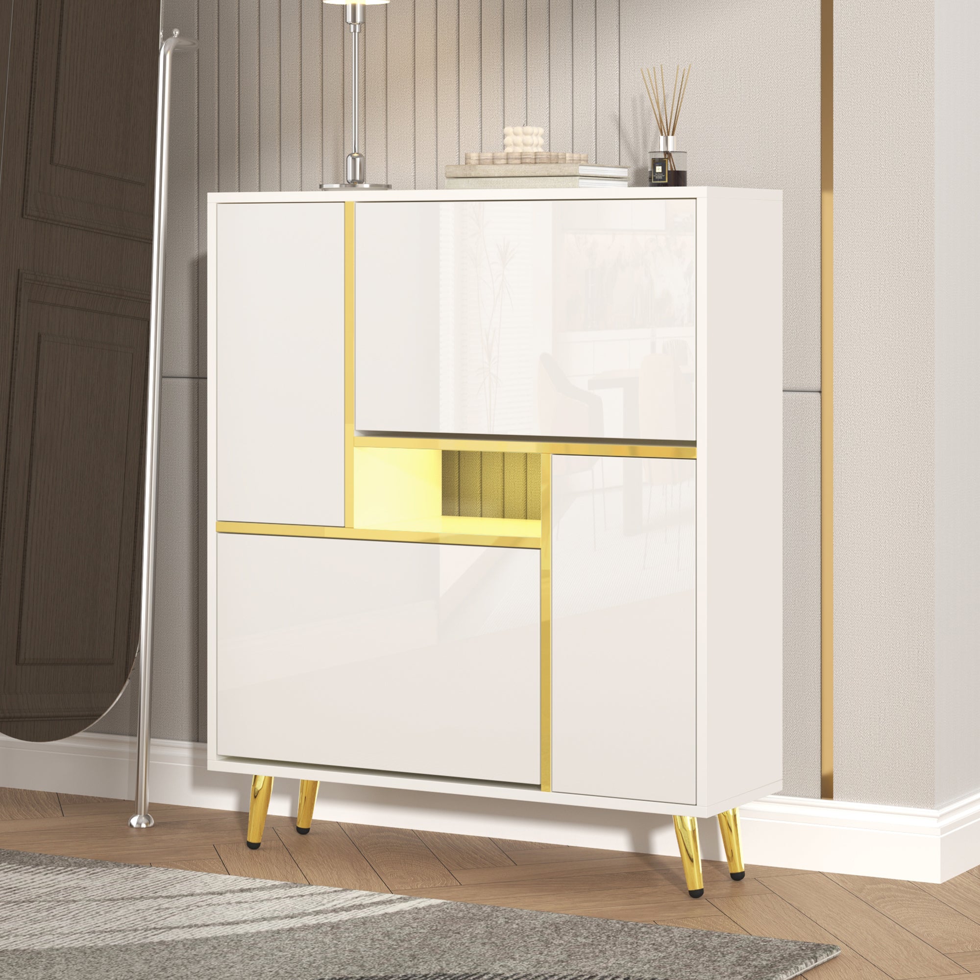 Modern Shoe Cabinet with 16-Color LED Light, White High-Gloss