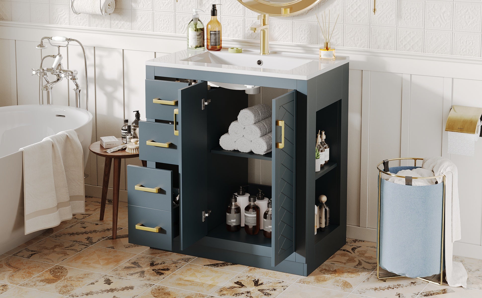 Bathroom Vanity Unit with Ceramic Sink and Storage Drawers, Blue
