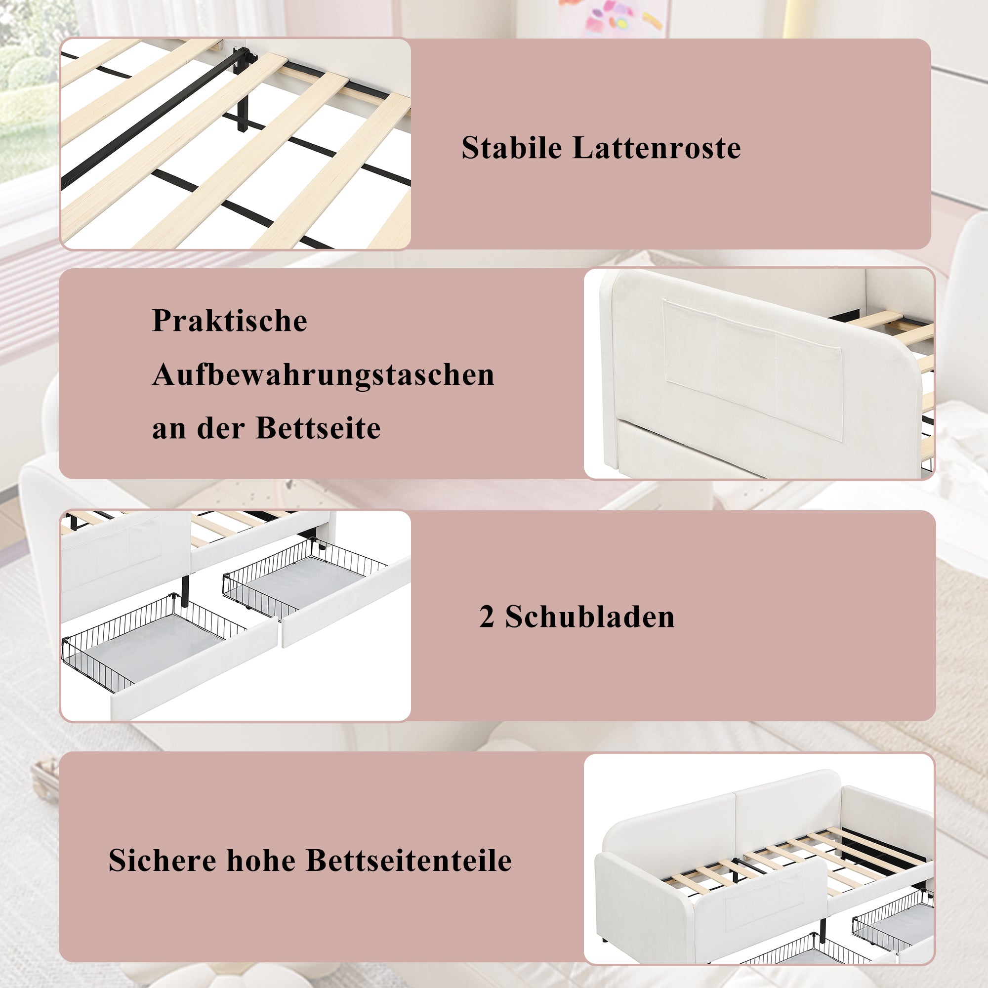 Children's Spliced Bed Upholstered Daybed Sofa Storage Drawers 90x200cm, White Velvet