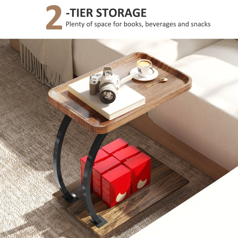 2-Tier Mobile C-Shaped Side Table, Engineered Wood Brown