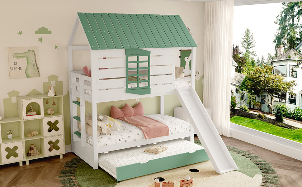 House Bunk Bed, 90X200 with Slide and Pull-Out Bed, White+Green