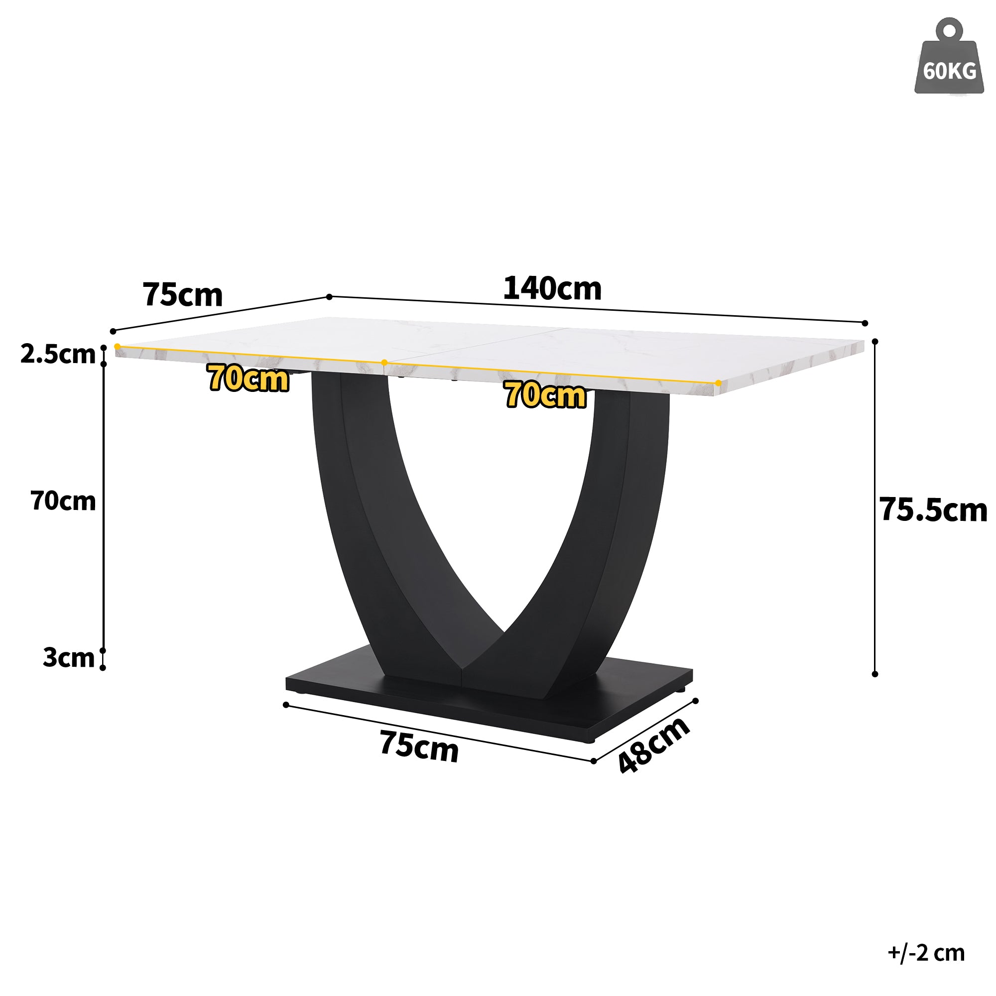 Dining Table 140x75.5cm Rectangular Marble Pattern Metal Frame Adjustable Legs - White/Black