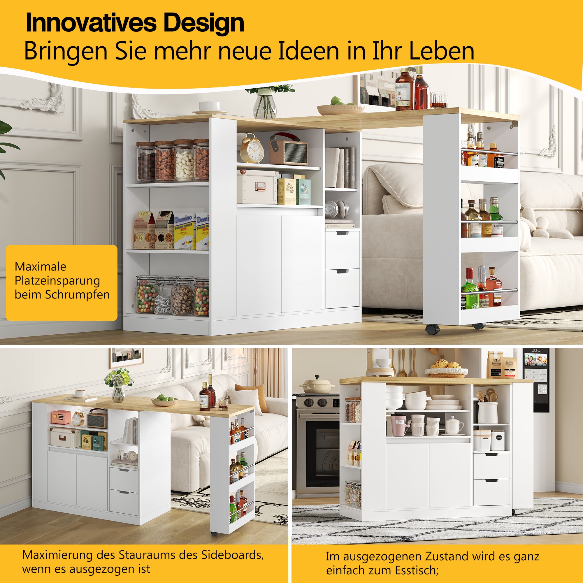 Kitchen Island with Extendable Worktop and Storage Shelves, Wood Look