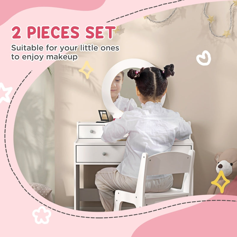 Kids Dressing Table Set with Stool, Mirror, and Storage Drawers, White Engineered Wood