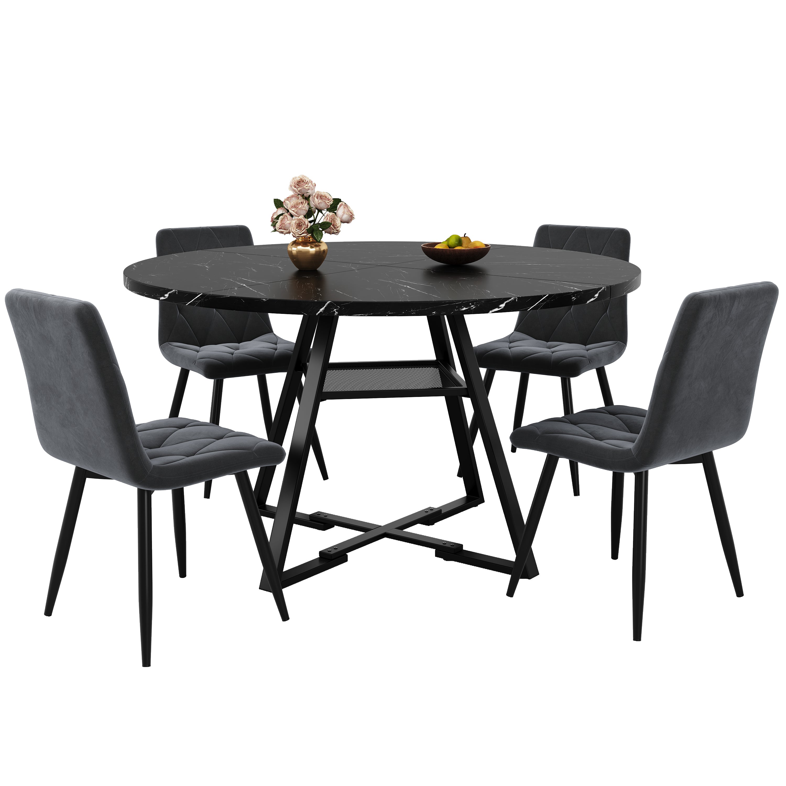 Round Dining Table Metal Legs Marble Look - Black/White